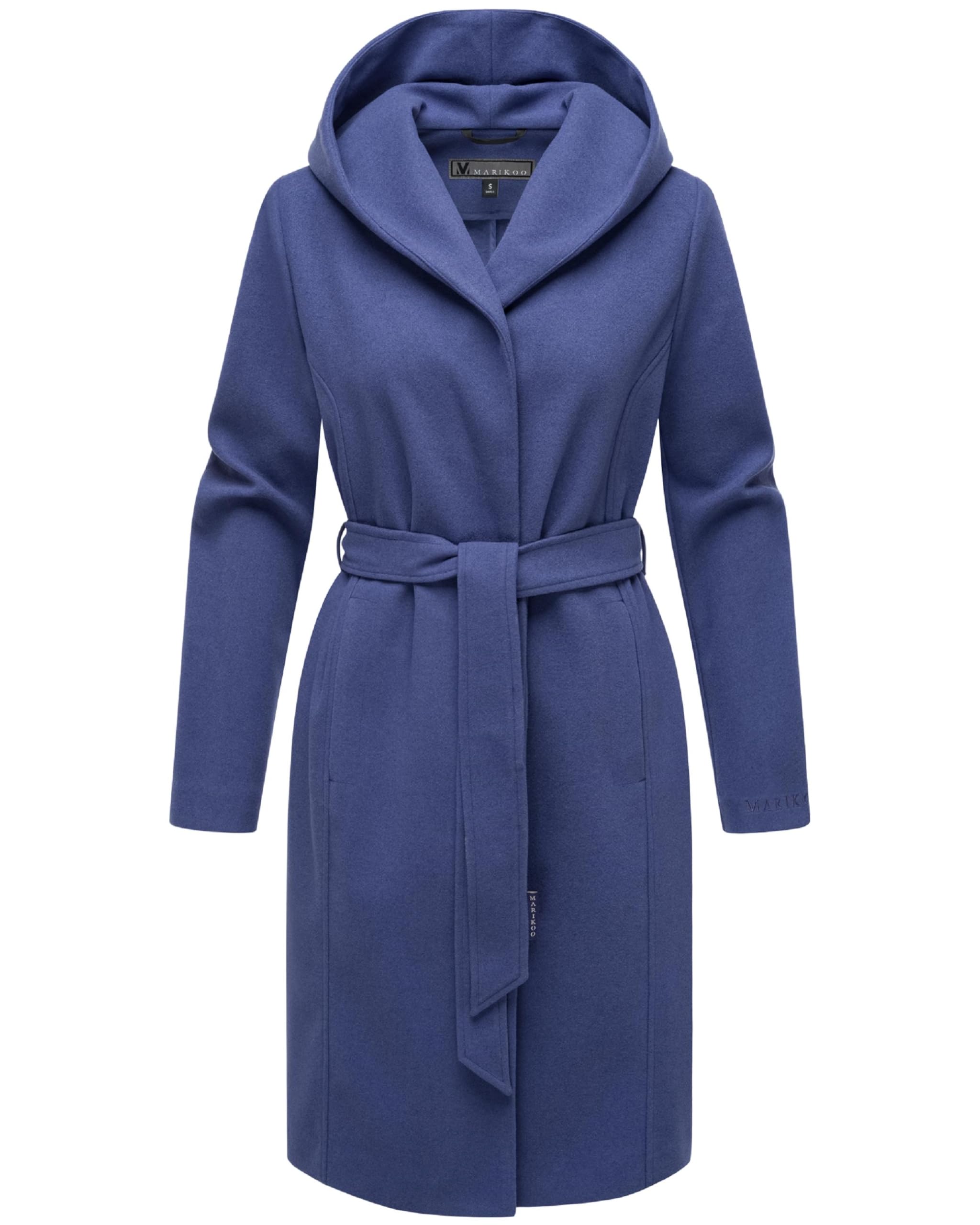 MARIKOO Damen Übergangsmantel lang Wickelmantel leichter Trenchcoat in Wolloptik mit Taillengürtel und Kapuze Kailii 16 XS-3XL