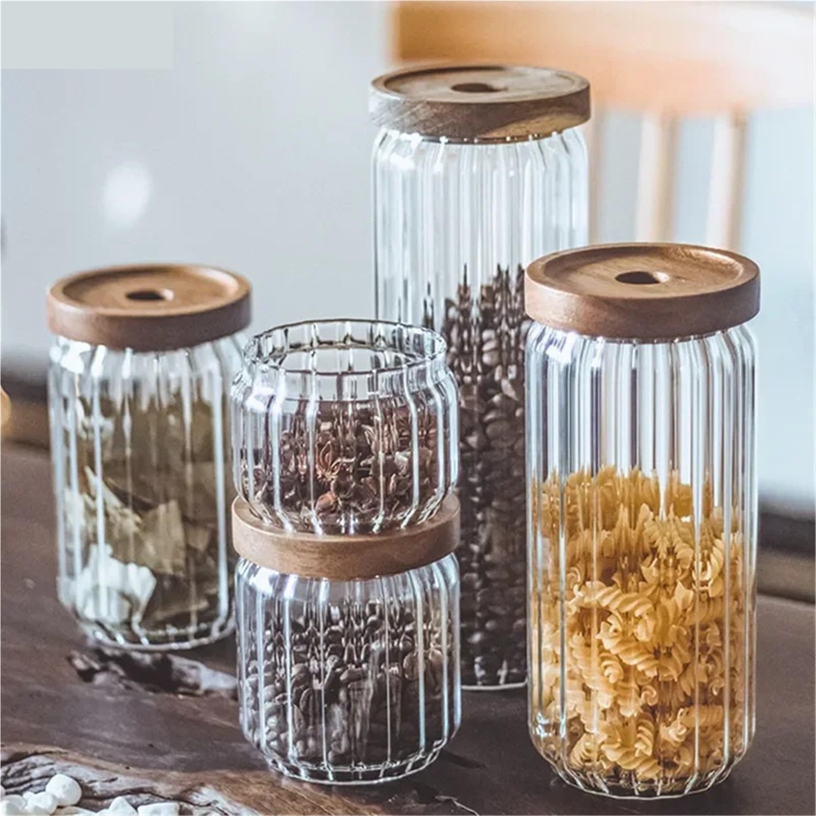 Bonbonglas 4 Stücke Holzdeckel Candy Orgnizer Glas Luftdichten Kanister Küche Versiegelt Lagerung Flaschen Glas for Lebensmittelbehälter Ingwer Müsli(A-1000ml)