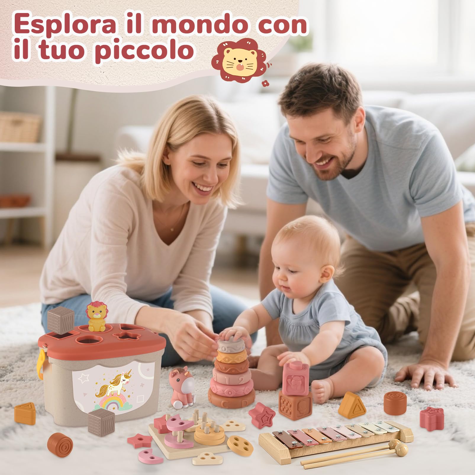 Juguetes Bebes 6-12 Meses | 5 en 1 Juguetes Montessori Sensorial con Juguetes de Madera para Apilar y Clasificar,Juguete Educativo Bebé 6 9 12 Meses | Regalo 6 a 12 Meses Cumpleaños/Navidad