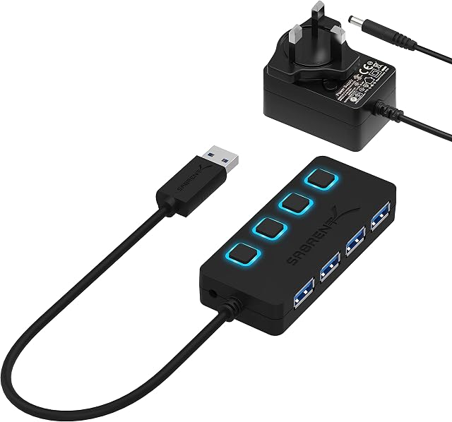 Sabrent USB 3.0 Hub Powered 4-Port with Individual LED Lit Power Switches, Included 5V/2.5A Power Adapter (HB-UMP3)