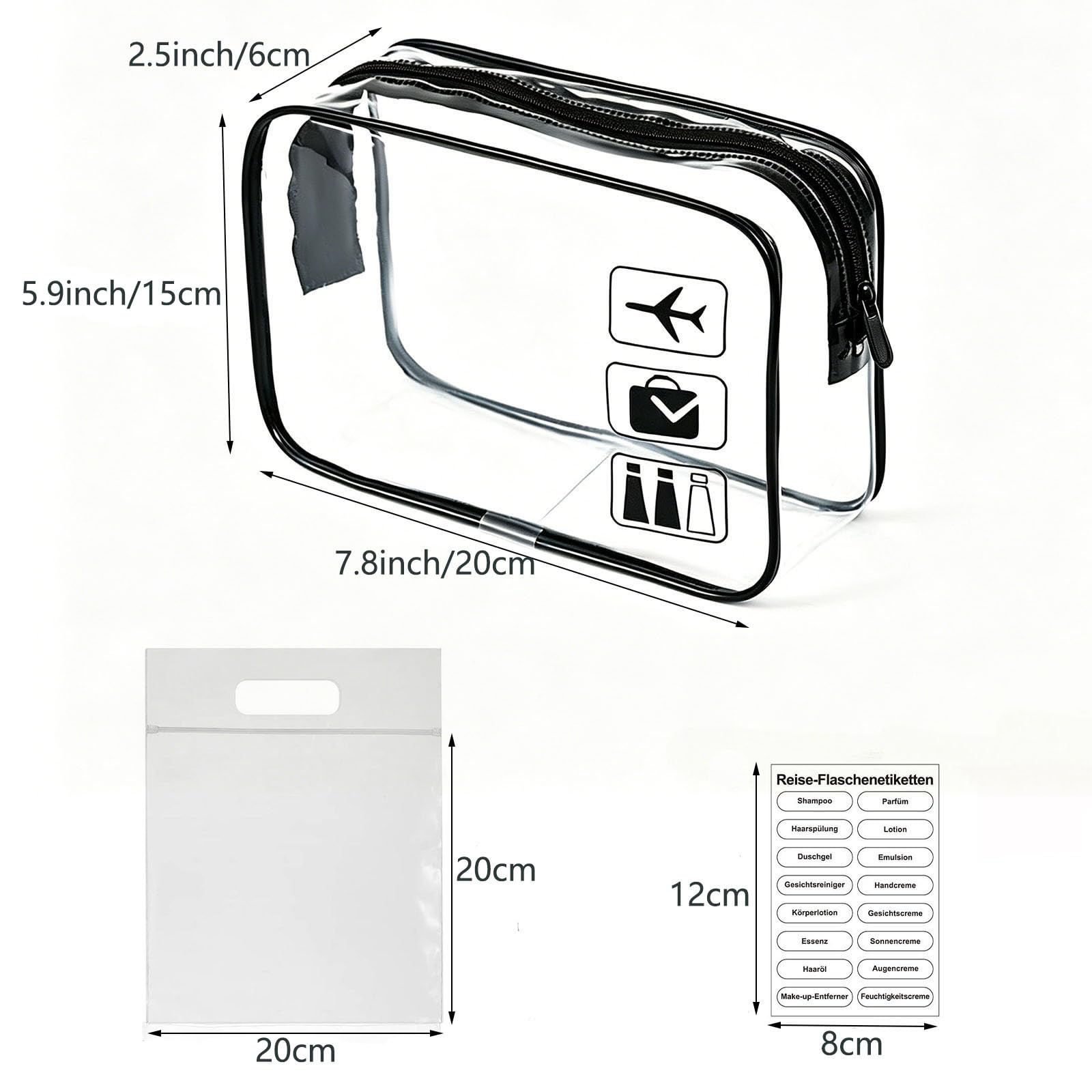 Transparenter Kulturbeutel mit Reiseflaschenset 13-teilig 100ml Flughafen-konform 20x20cm