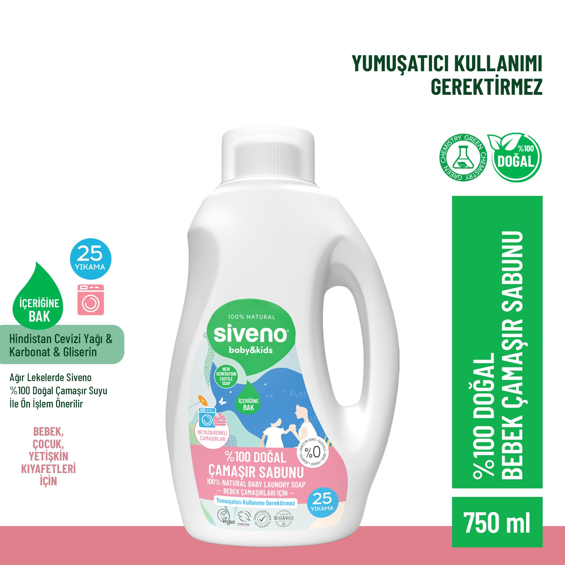 Siveno %100 Doğal Bebek Çamaşır Sabunu Kendinden Yumuşatıcılı Bitkisel Deterjan Konsantre Vegan 750 ml