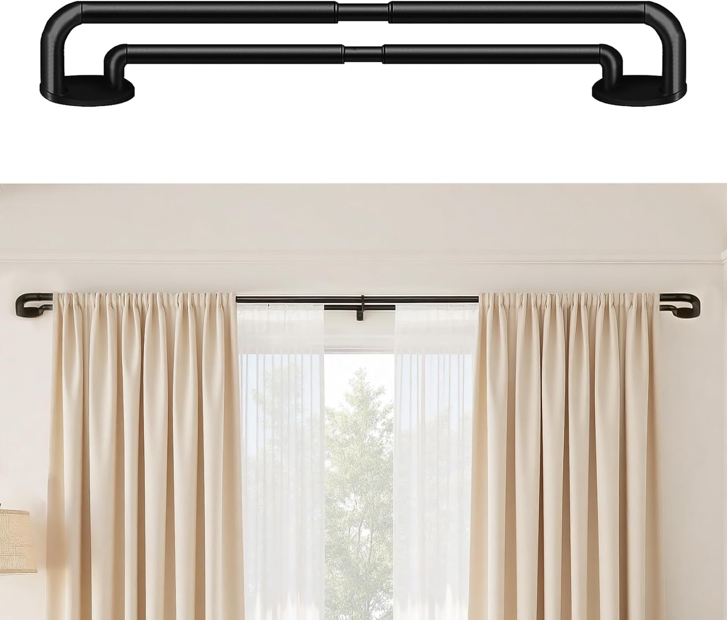 ChadMade Adjustable Double Curtain Rods for Windows 72-144 Inch, Heavy Duty Curtain Rod for Bedroom Windows, 100% Aluminum Curtain Rod Set (Black, 72-144")