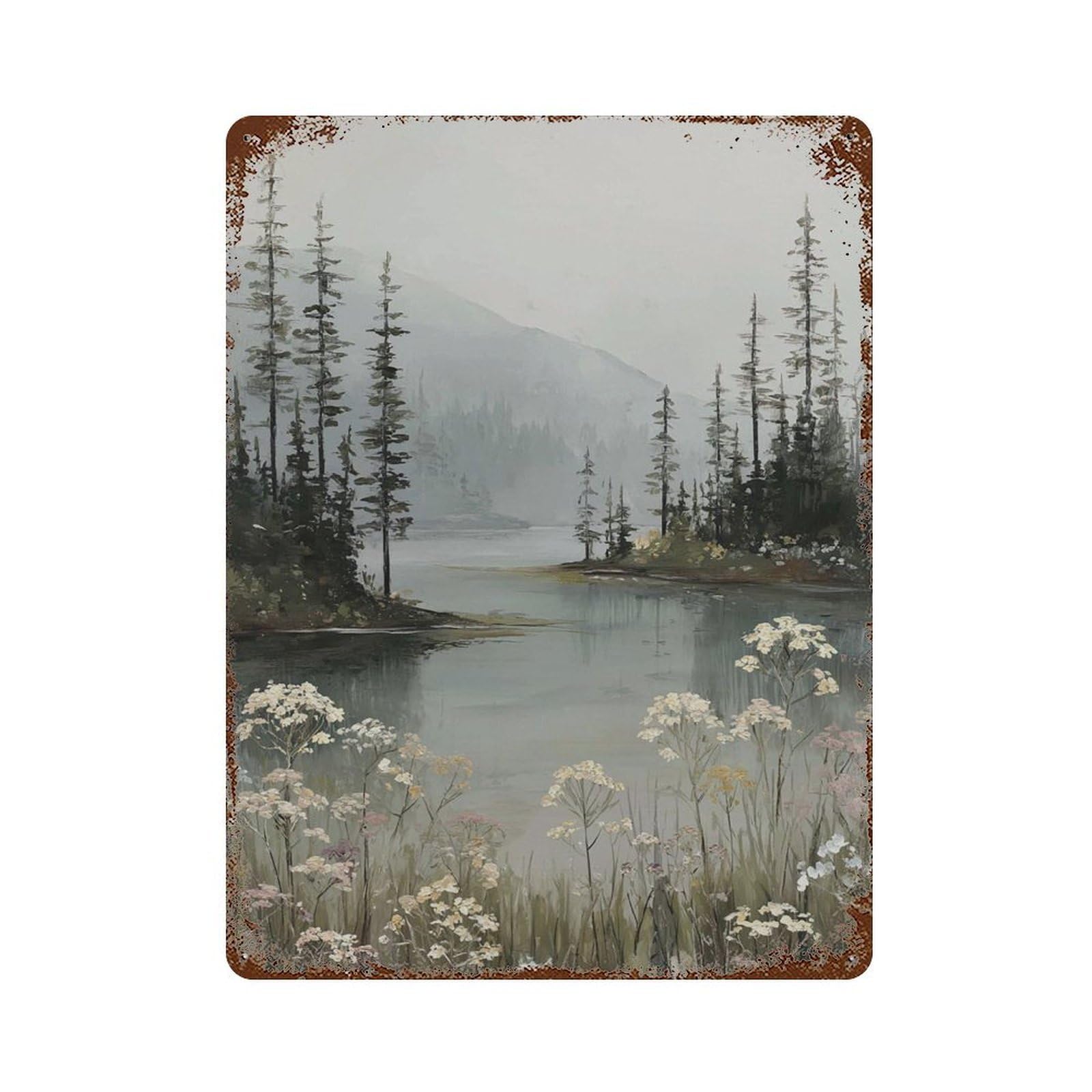 xiaoxiaoshen Misty Forest Lake Neutral Landscape Wildflower Nature Tranquil Mountain Painting Wall Decor Art Metal Tin Poster Modern Home Decor Art Home Bar Shop Decorations Vintage Sign 40x30cm