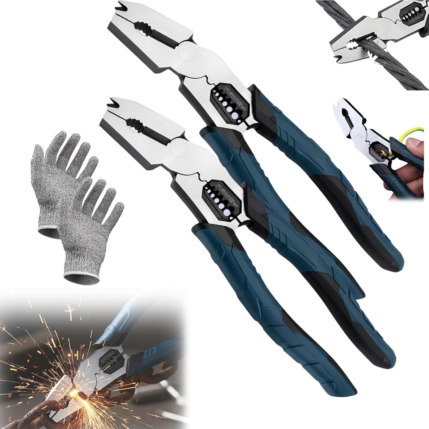 Industrial-Grade Multi-function Cutting Pliers, 2026 Upgrade 9-in-1 Multifunctional Electrician's Pliers, Compound Action Leverage, Nail Puller/Wire Cutter/Stripper/Crimper for DIY & Home Use (2PCS)