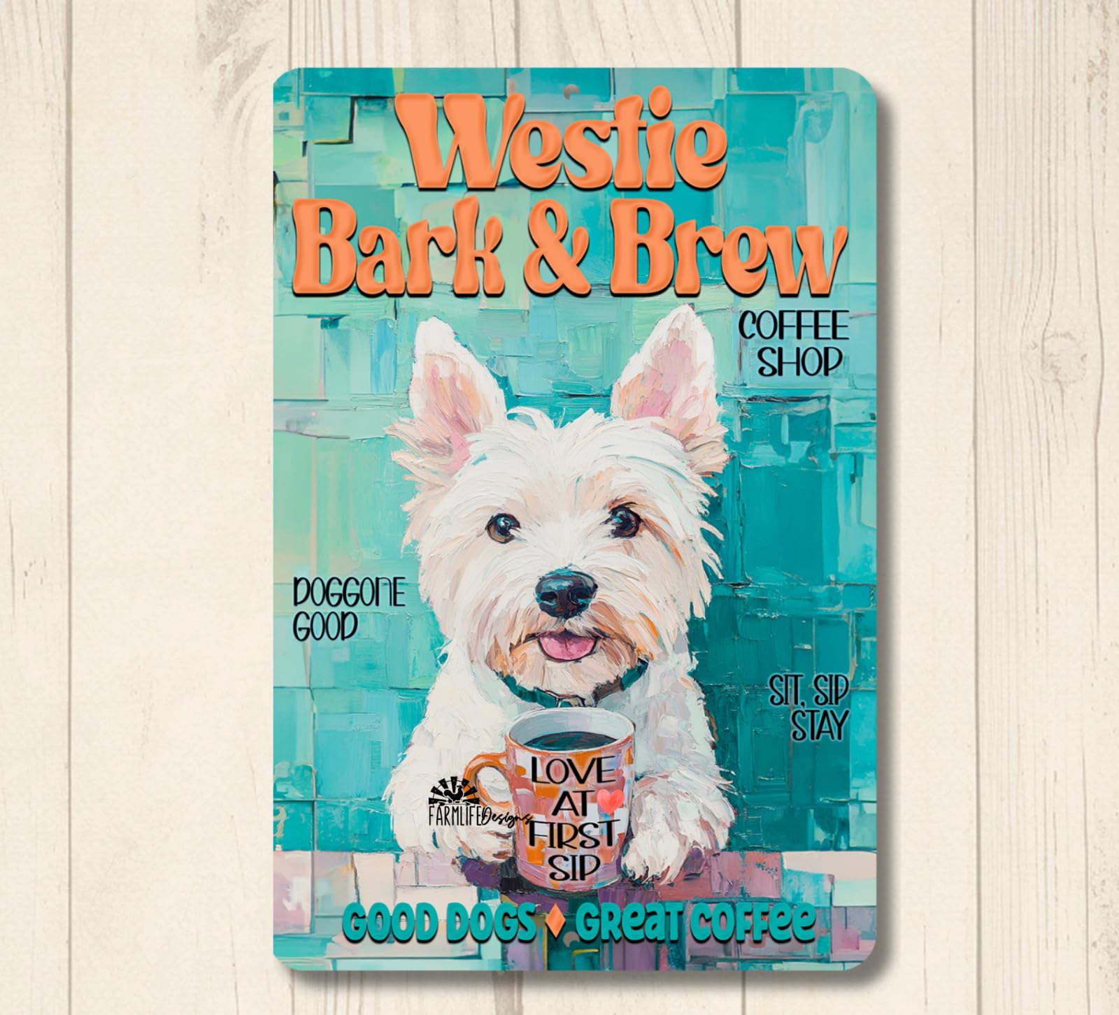 Westie Coffee Bar Sign Bark & Brew dog funny metal tin west highland terrier art home decor