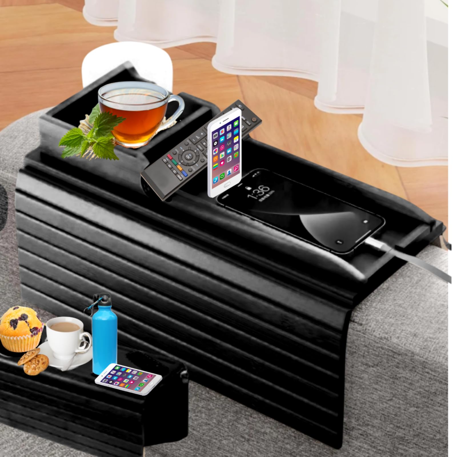 Naturebuz 2-in-1 Wooden Sofa Tray Table with Detachable Tray Bamboo Armrest Table Non-Slip fCups, Remotes, Bottles, Food, Drinks and Phones Black (Black)