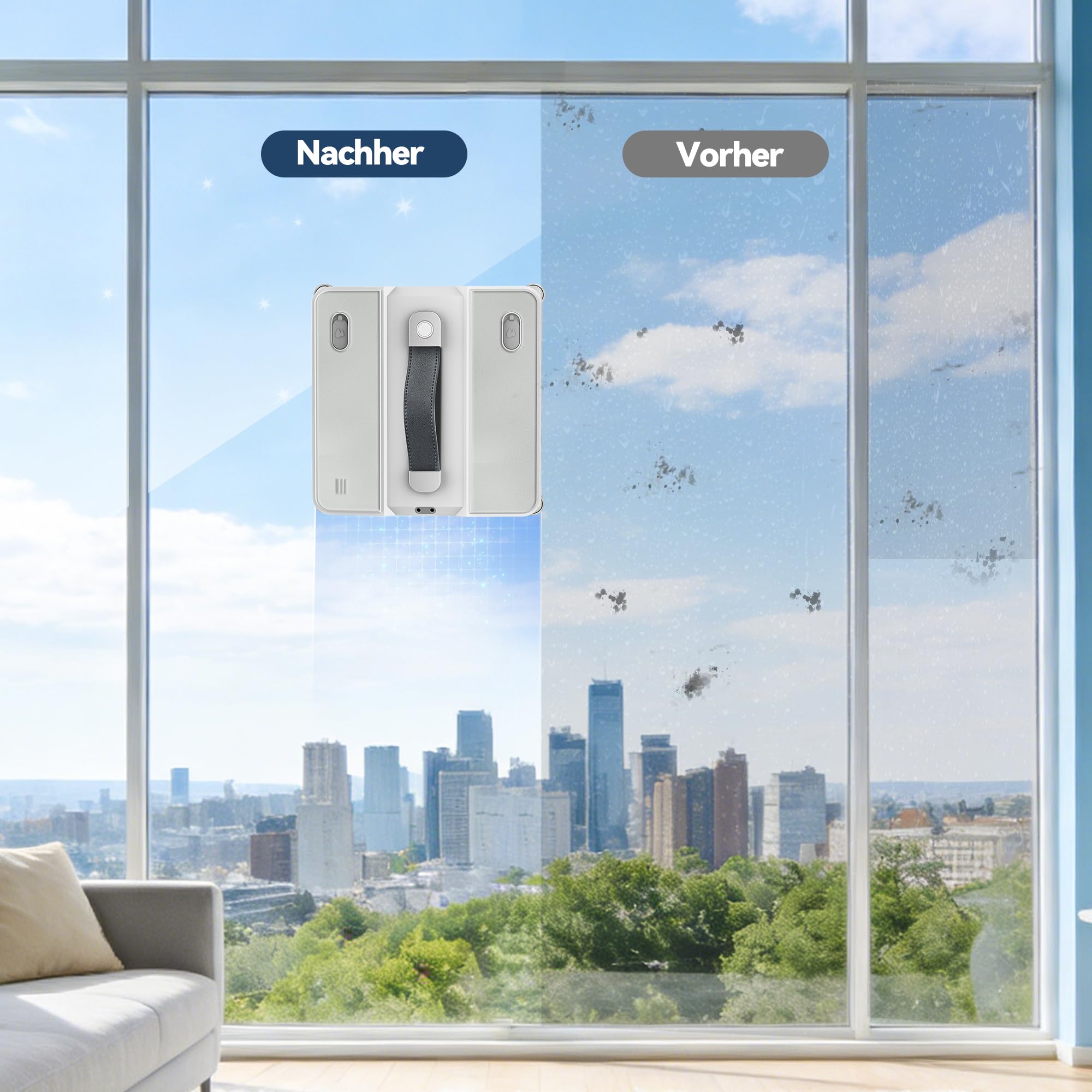 Fensterputzroboter mit 200ML Wassertank, Saugkraft 5000Pa, 8 Düsen Wassernebel, Leiser Betrieb, 3 Reinigungsmodi, Intelligente Wegplanung, Randerkennung, Inklusive 4 Reinigungstüchern