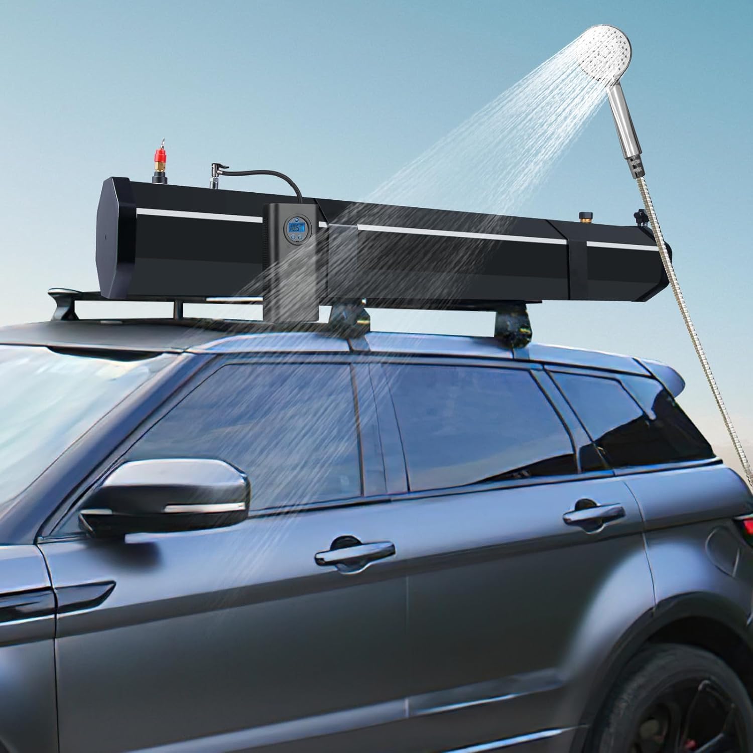 Dachgepäckträger-Wassertank Wasserspeicher für Fahrzeuge 30 L Außen-Dusche mit Druckpumpe, Duschkopf und Schlauch für Kofferräume Überrollbügel Querträger- Wohnmobil Camper Caravan Offroad, Pickup SUV