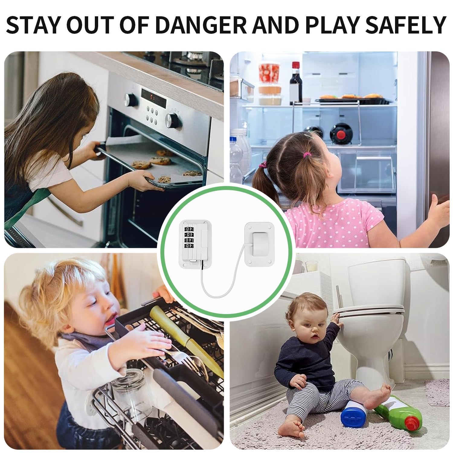 4 Pcs Serratura di Sicurezza per Bambini con Combinazione，Limitatore Apertura Finestra，Chiudi Cassetti Bambini，Lucchetto Armadio，Lucchetto Frigorifero，blocca porta bambini，Senza Forare (Bianco)