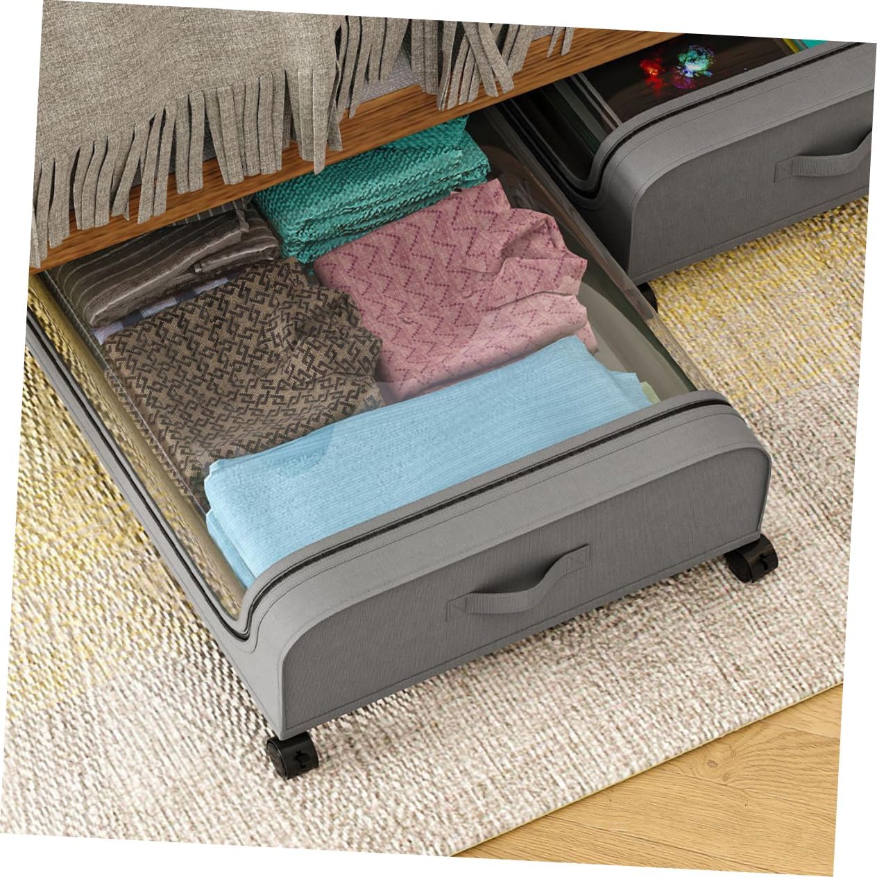 Bed Storage Bin Wheels Multi-functional Organizer for Clothes Toys and Sundries Portable Storage Box Grey Lid for Easy Access and Space-saving