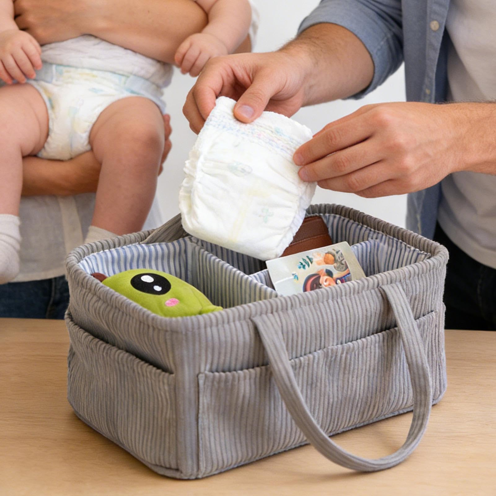 Cesta organizadora de pañales, almacenamiento portátil para guardería, mesita de noche, sofá, maletero de coche, soporte de pana para toallitas, biberones de leche, artículos esenciales para bebés
