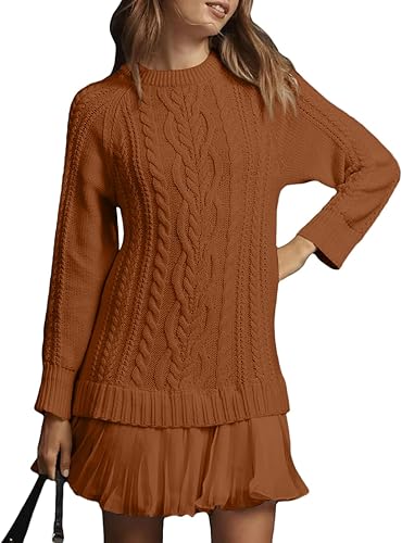 Shiketong Womens Cable Knit Sweater Dress Pleated Hem Mini S