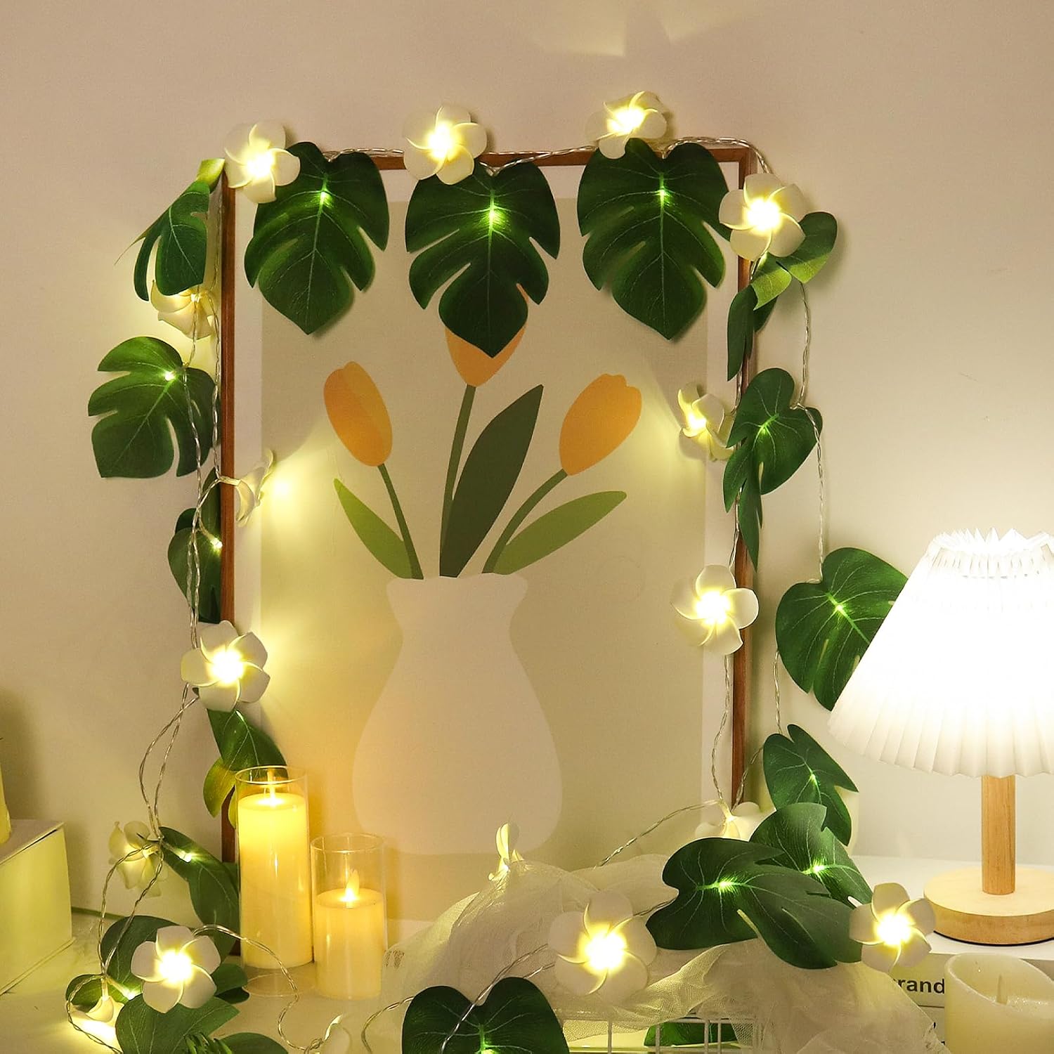 RECUTMS Monstera Leaf String Lights Artificial Foam Plumeria Tropical Palm Leaves Flower 40 LED Battery Operated Fairy Light Hawaiian Luau Beach Party Summer Decorations Outdoor Indoor(White+Green)