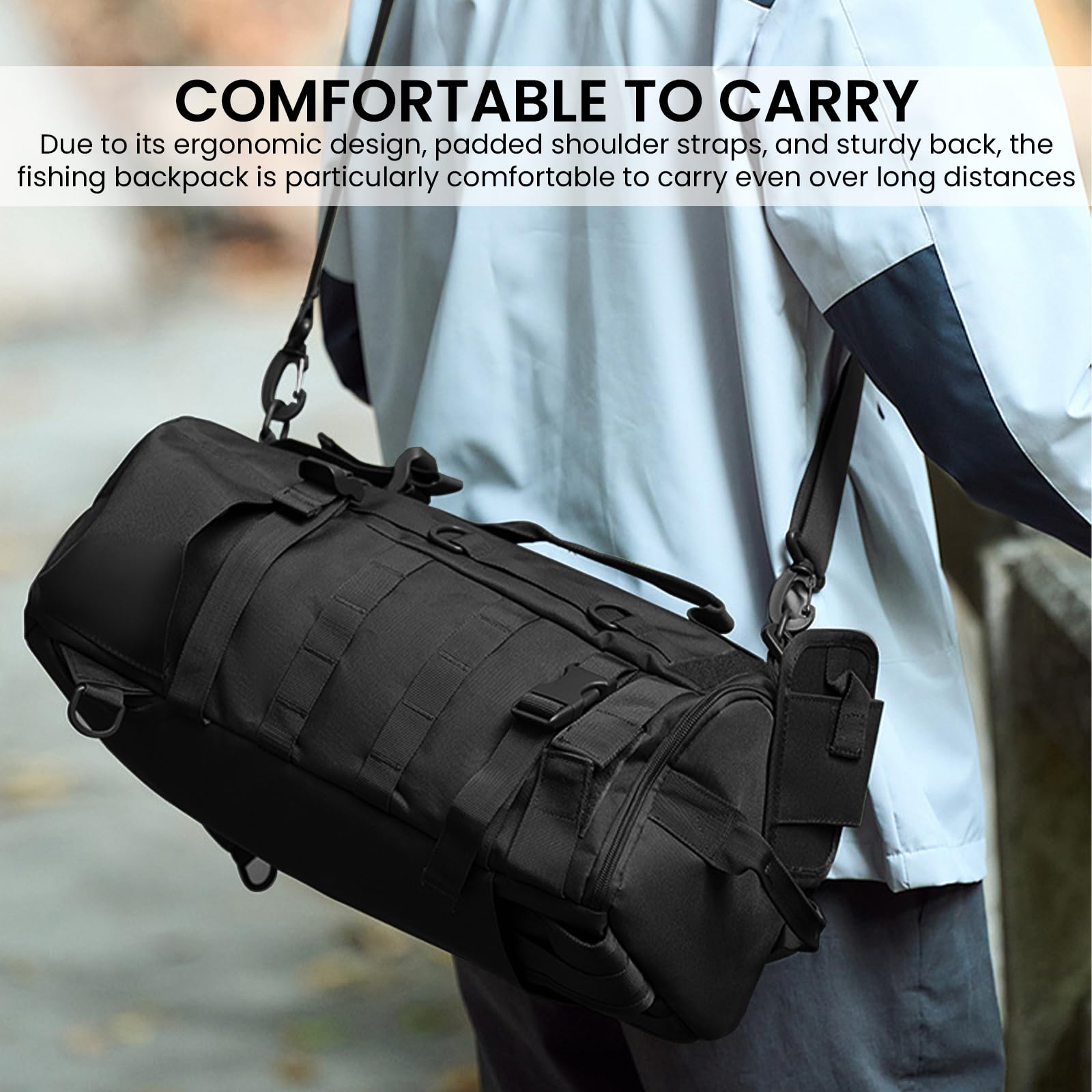 Mochilas de pesca con soporte para cañas: 45 x 16 x 23 cm, mochilas al aire libre impermeables, color negro, multifunción, mochila militar para camping