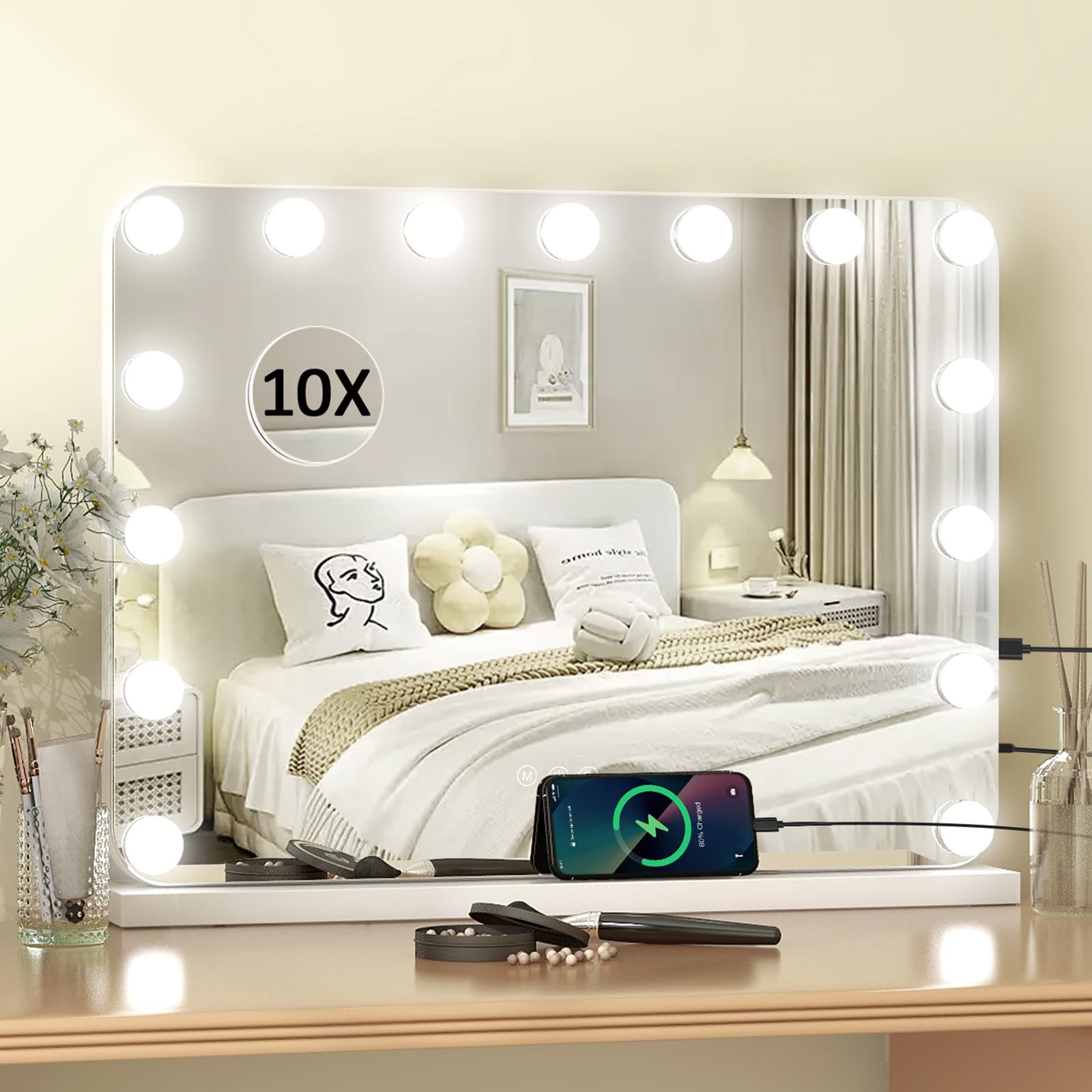Hollywood Vanity Mirror with Lights, 58×45m Large Lighted Makeup Mirror with 15 Dimmable LED Bulbs, Touchscreen Control, USB Output Port Tabletop or Wall Mounted, Round Corner