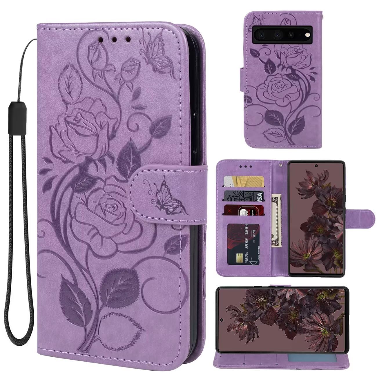 Vavies Case for Pixel 7 Pro Case, Google 7 Pro GE2AE Wallet Case, Flower Leather Flip Credit Card Holder Stand Phone Cover Cases for Google Pixel 7 Pro Purple