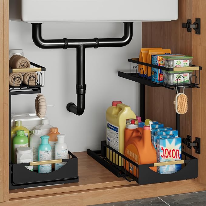 Under Sink Organizer and Storage for Bathroom and Kitchen - 2 Pack 2 Tier Under Cabinet Pull Out Shelf Organizers - Sliding Out Drawer Organization for Home Cabinets Shelves and Drawers