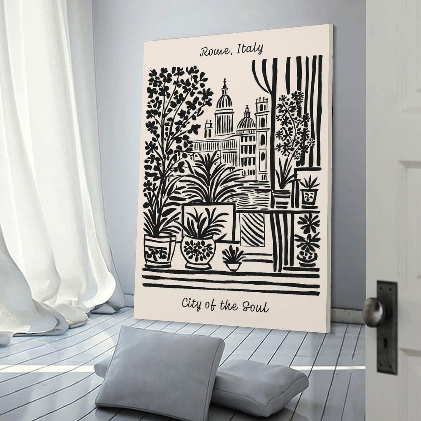 Junmoney Rome Cityscape with Plants Decorative Canvas Print, 24x36inch(60x90cm), for Hallway, Entryway Or Landing, Home Artwork for First Impressions