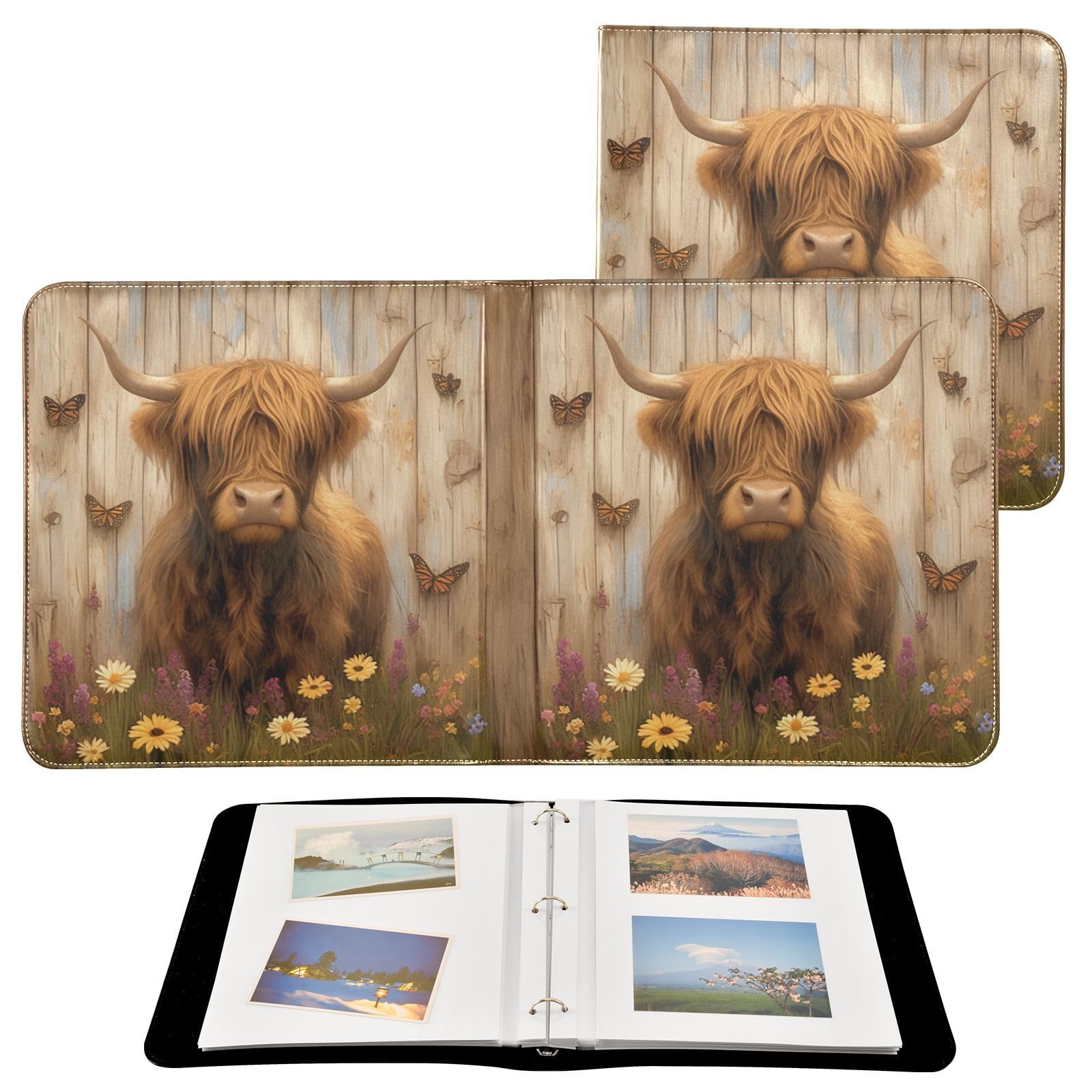 Kigai Highland Cow Photo Album Self Adhesive Scrapbook Album Leather Cover DIY Picture Scrap Book with 20 Adhesive Sheets, 11.8x24x0.8 inch