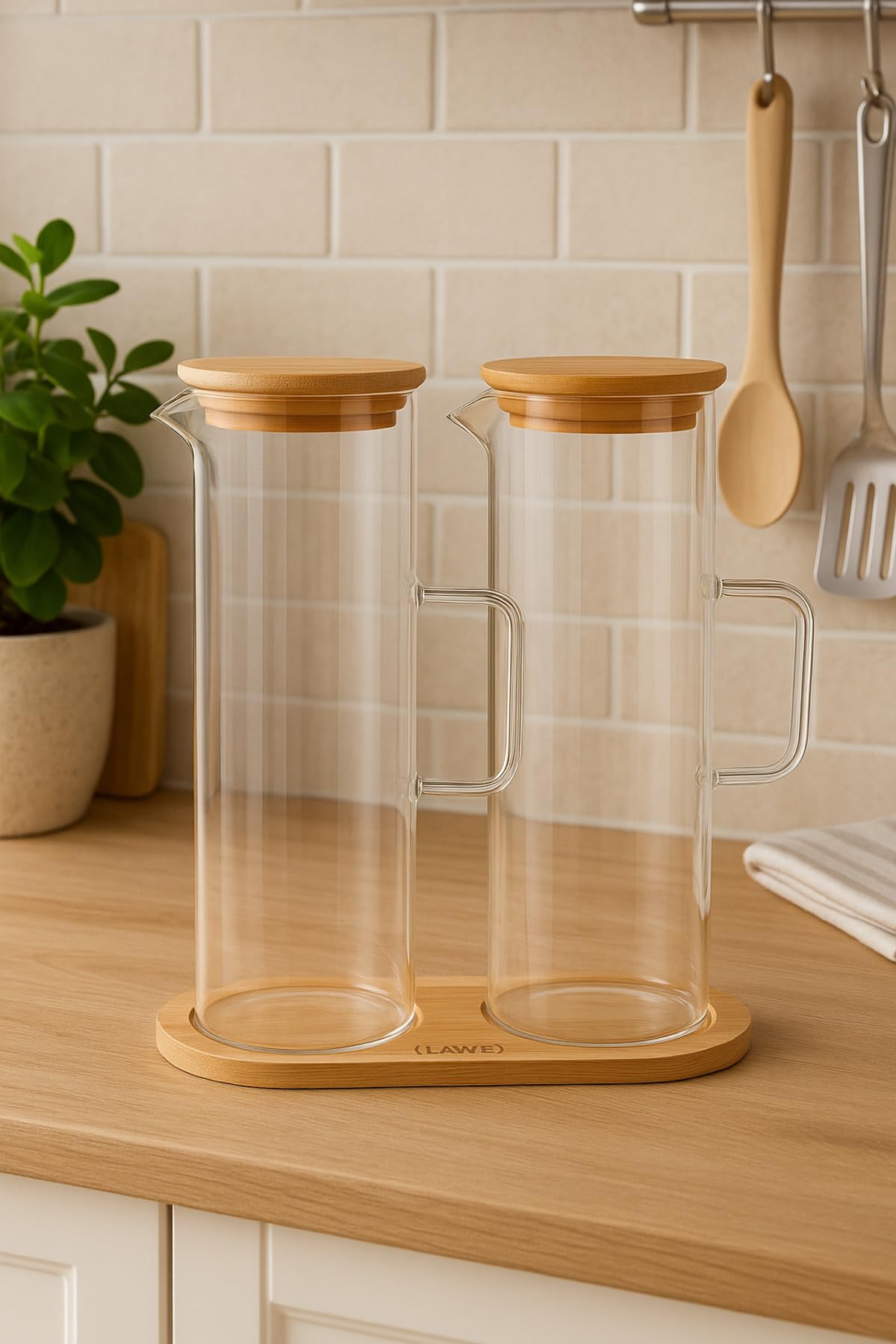 ARVALE Lavino 3 Parça 400 ml Borosilikat Yağlık - Bambu Altlık ve 2 Adet Bambu Kapaklı Cam Yağdanlık
