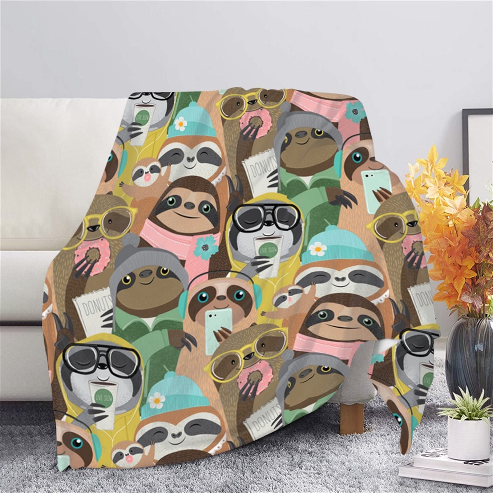 HUGS IDEA Blankets Throws Cartoon Sloth Funny Modern Sloth Flower Cute Blanket for Children Women Men Teens Dormlife Home Office Snuggle Cozy Nap Shawl-2XL — image 1