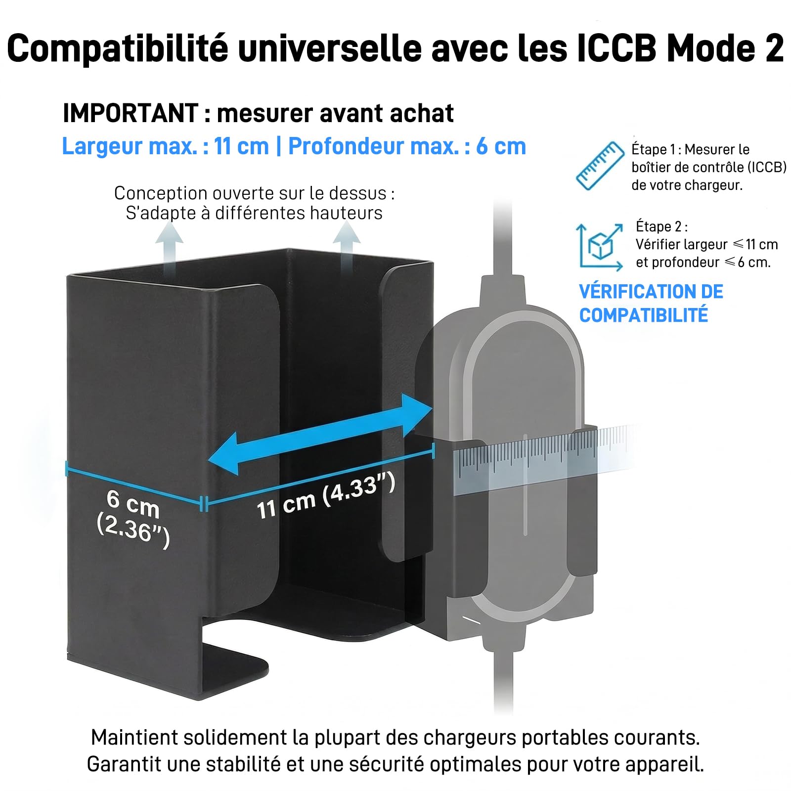 Kit Support Chargeur Véhicule Électrique – Organisateur Mural avec Support Boîtier de Contrôle et Crochet J pour Chargeurs EV Portables, Support Métallique Robuste pour Gestion Câbles EV