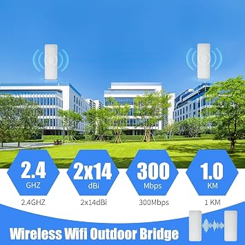 Wireless Bridge,2.4GHz 300Mbps 2x14dBi High Speed | 1KM Long Range Working Distance | Point to Point Ptmp Outdoor WiFi Bridges for Wireless Network Expansion(2 Pack)