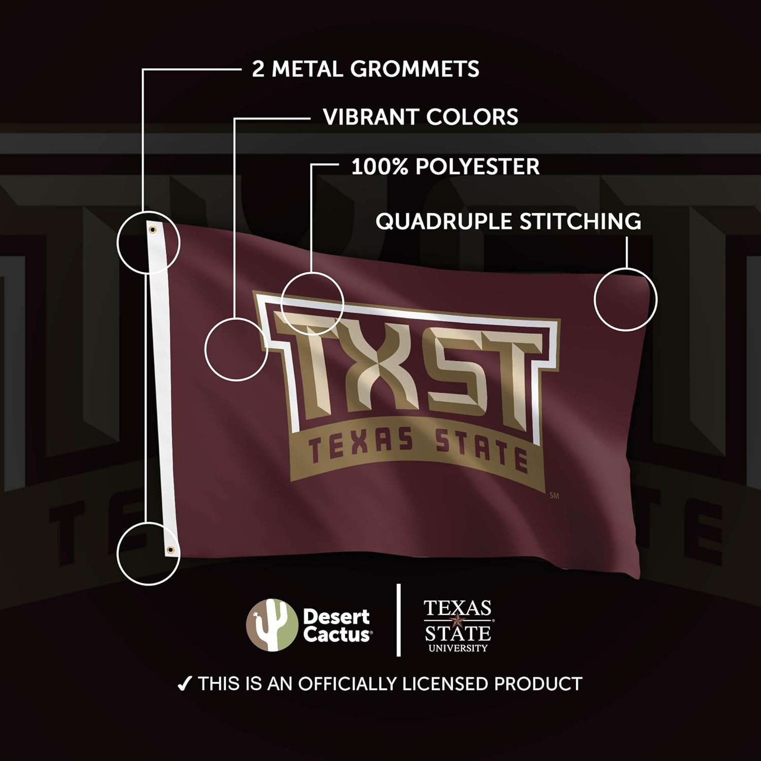 Desert Cactus Texas State University TXST Flag - 3 x 5 Feet Bobcats Banner, Indoor/Outdoor Durable Fabric, 100% Polyester Design (Style 1) - Image 4