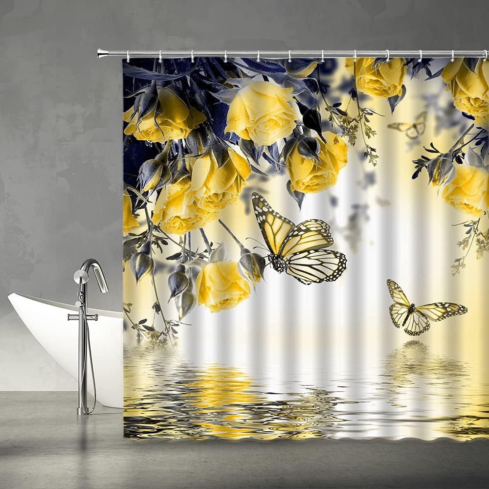 Flower Butterfly Shower Curtain Yellow Rose Floral Fantasy Spa Lake Wings Animal Water Reflection Spring Natural Scenery Garden Woman Fabric for Bathroom Decor Bathtub with Hooks(70" WX84 H)