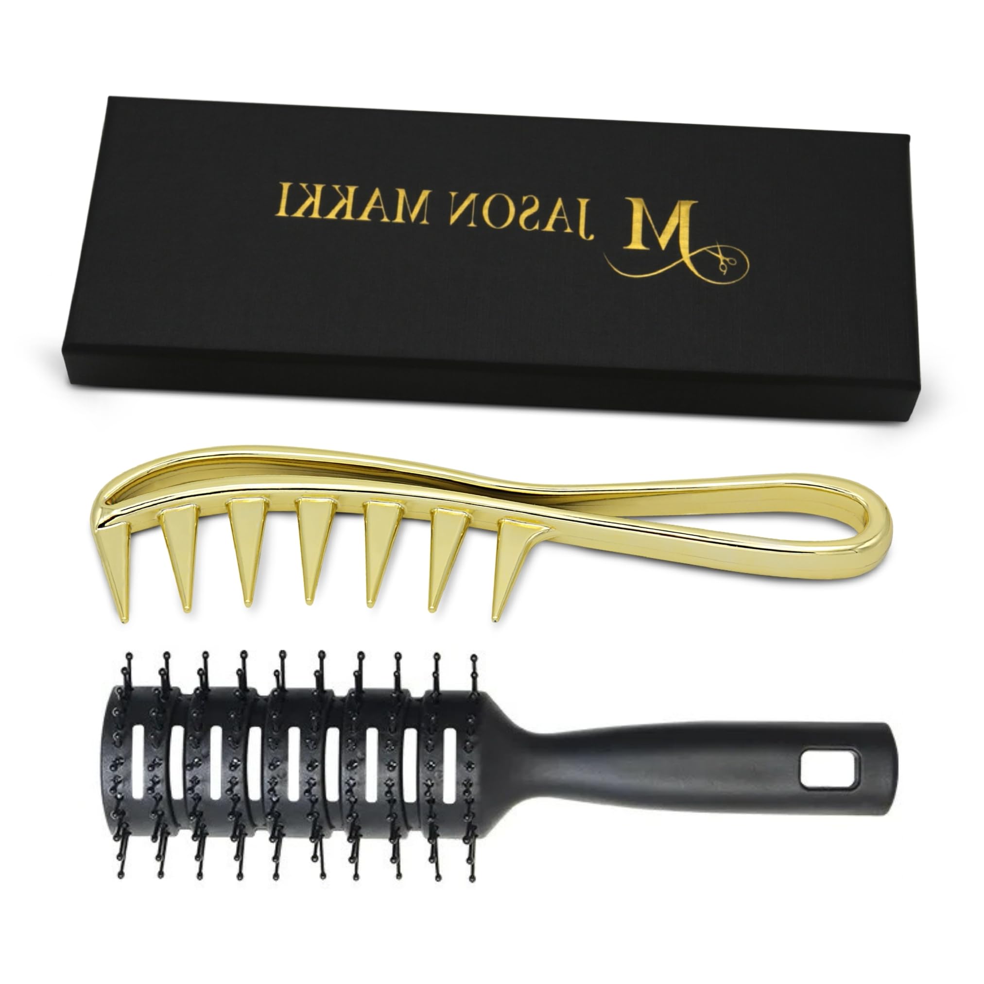 Pro Styling Brush & Wide Tooth Comb Set – Daily Hair Tool for Men & Women – Ideal for Barbers & Home Use – Anti-Static, Durable, Lightweight Design (Gold Black)