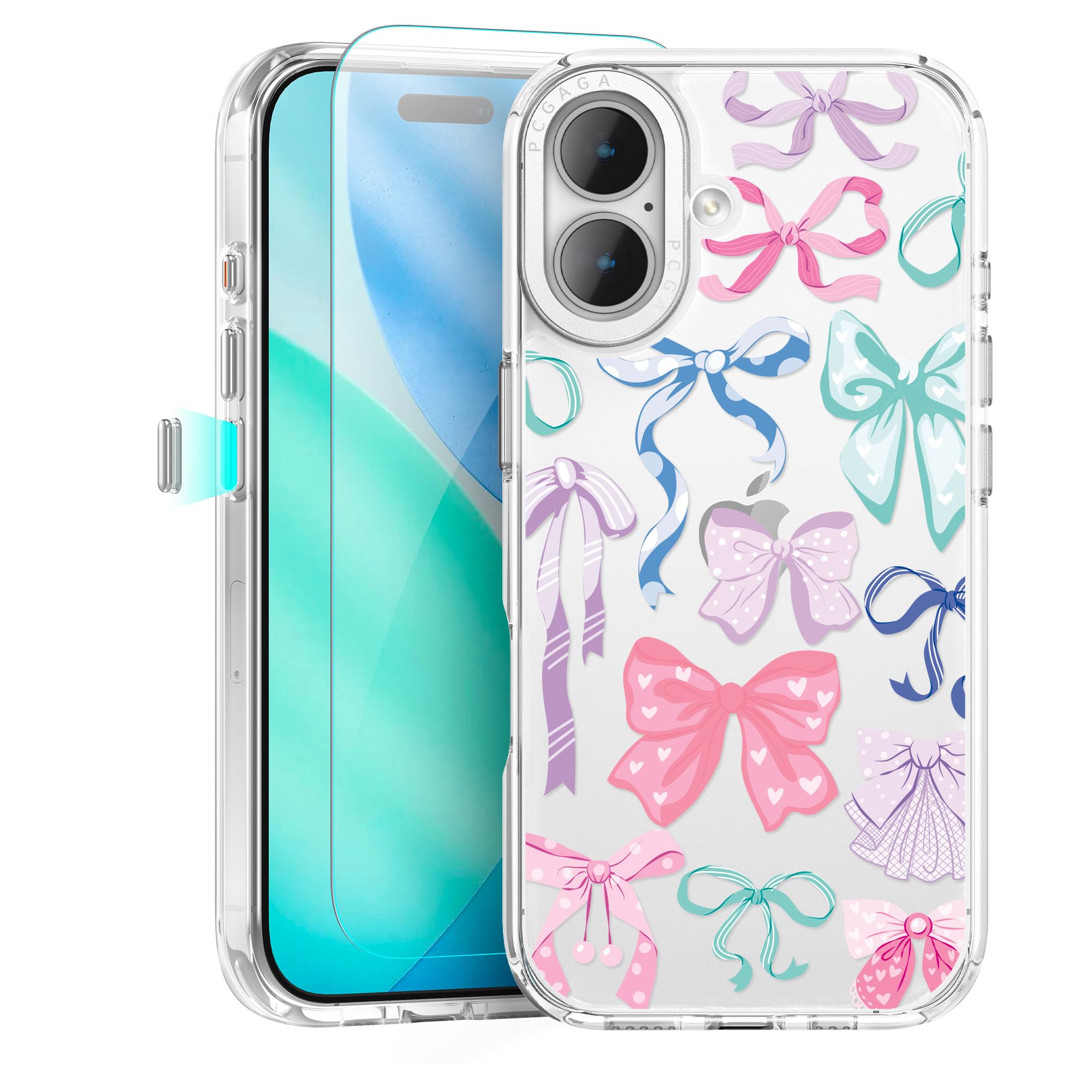 pcgaga Aesthetic Phone Case for iPhone 17 6.3" with Embossed Patterned Hard Clear Back Cover,Slim TPU Bumper,Camera Frame -360°Shockproof Full Protection, Colorful Bow