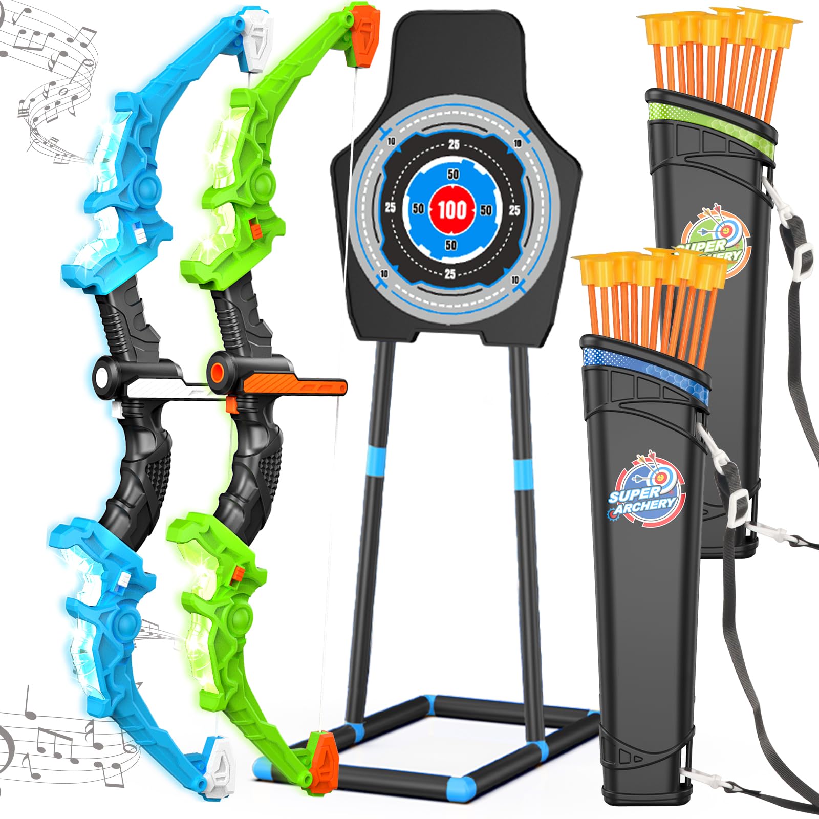 Niduyong Bow and Arrow for Kids, 2 Pack LED Light Up Archery Set with 20 Suction Cup Arrows, Outdoor Toy for Boy Girl Age 4-12, 1 Standing Target, 6 Score Targets & 2 Quivers