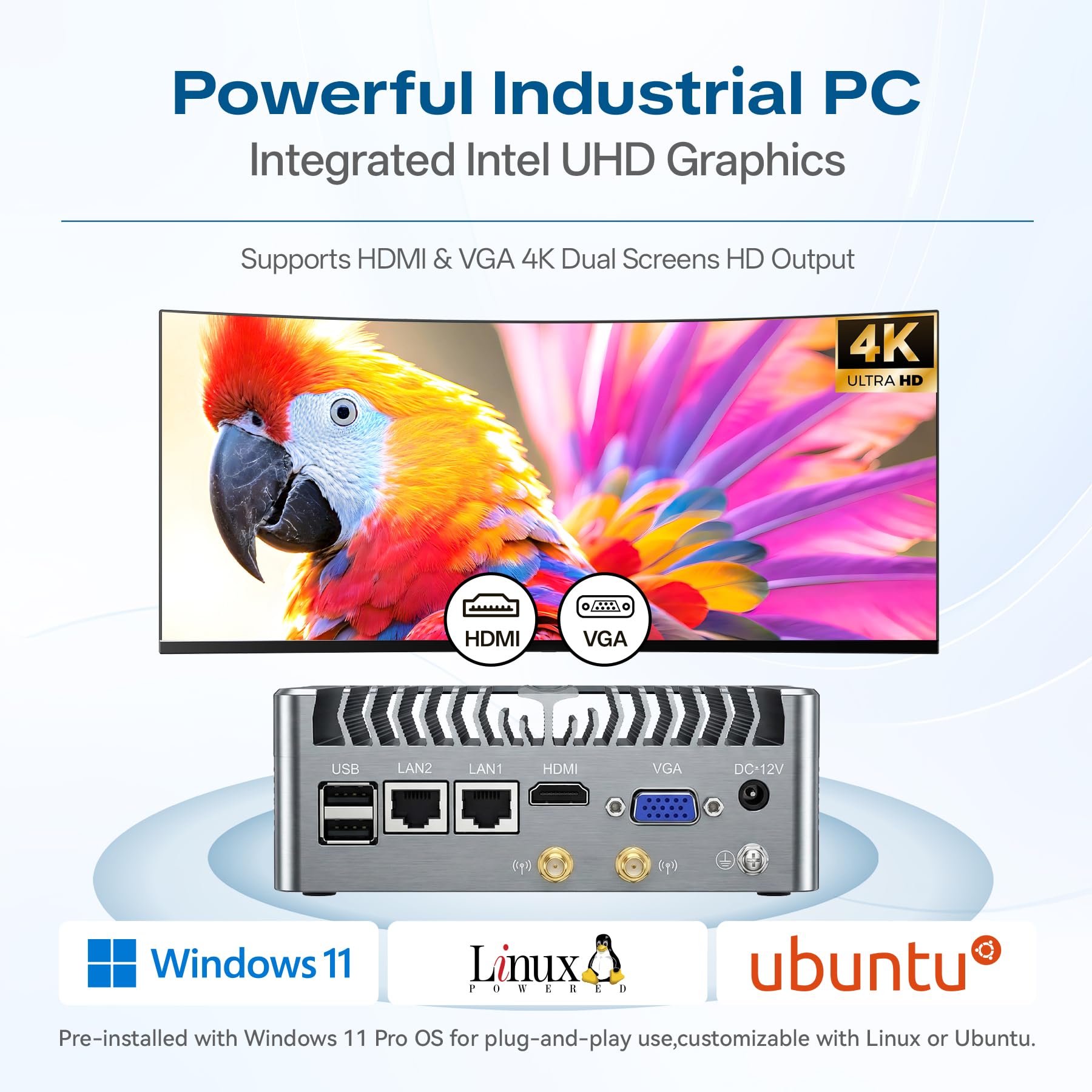 Mini PC Fanless,PC industriale senza ventole i5-1235U(10 Core/12 Thread),Display 4K HDMI+VGA,2RS232 Seriale,2RJ45 LAN,6USB,Windows 11 Pro,Auto Power On & WOL,Case in Metallo(16GB RAM 1TB SSD)