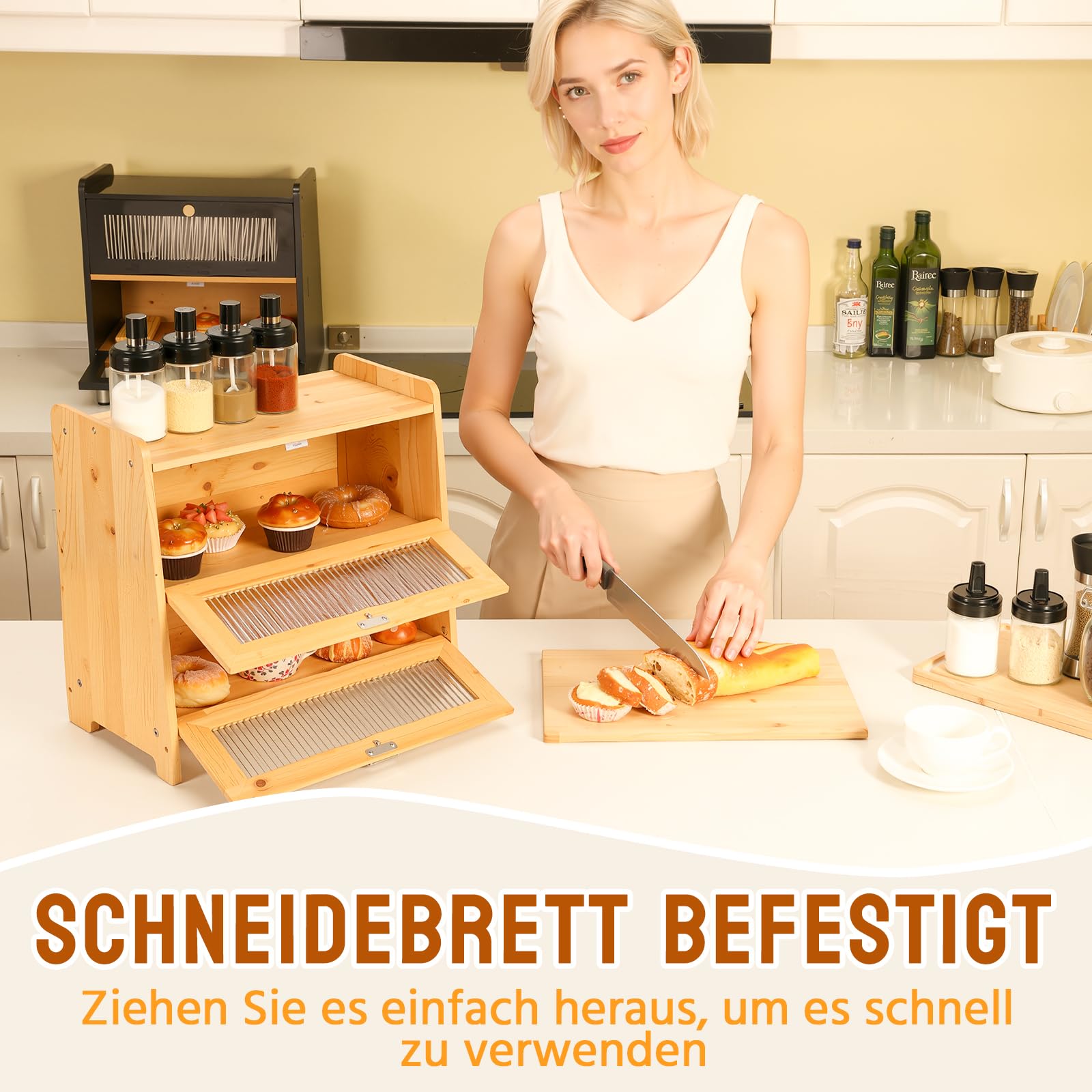 HAUSPROFI Brotkasten Bambus 2 Etagen, Brotkästen Holz mit Schneidebrett Belüftung Gewelltes Sichtbares Fenster, Elegant Brotbox Küche zur Brotaufbewahrung, Bread Box 40x25x40cm Groß