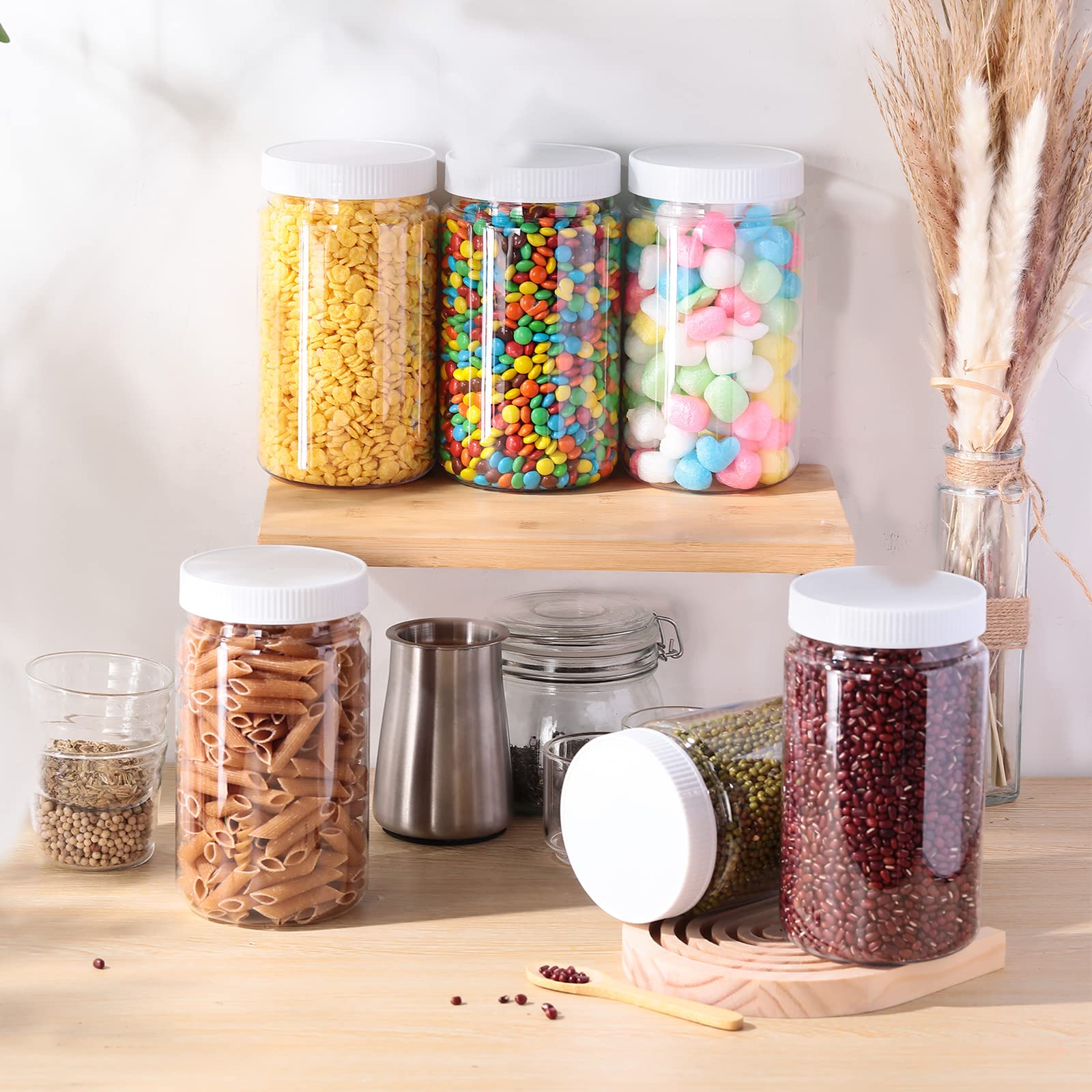 Lallisa Lot de 24 bocaux de rangement vides en plastique PET transparent avec couvercles nervurés pour cuisine, travaux manuels, beurre et miel - 946 ml