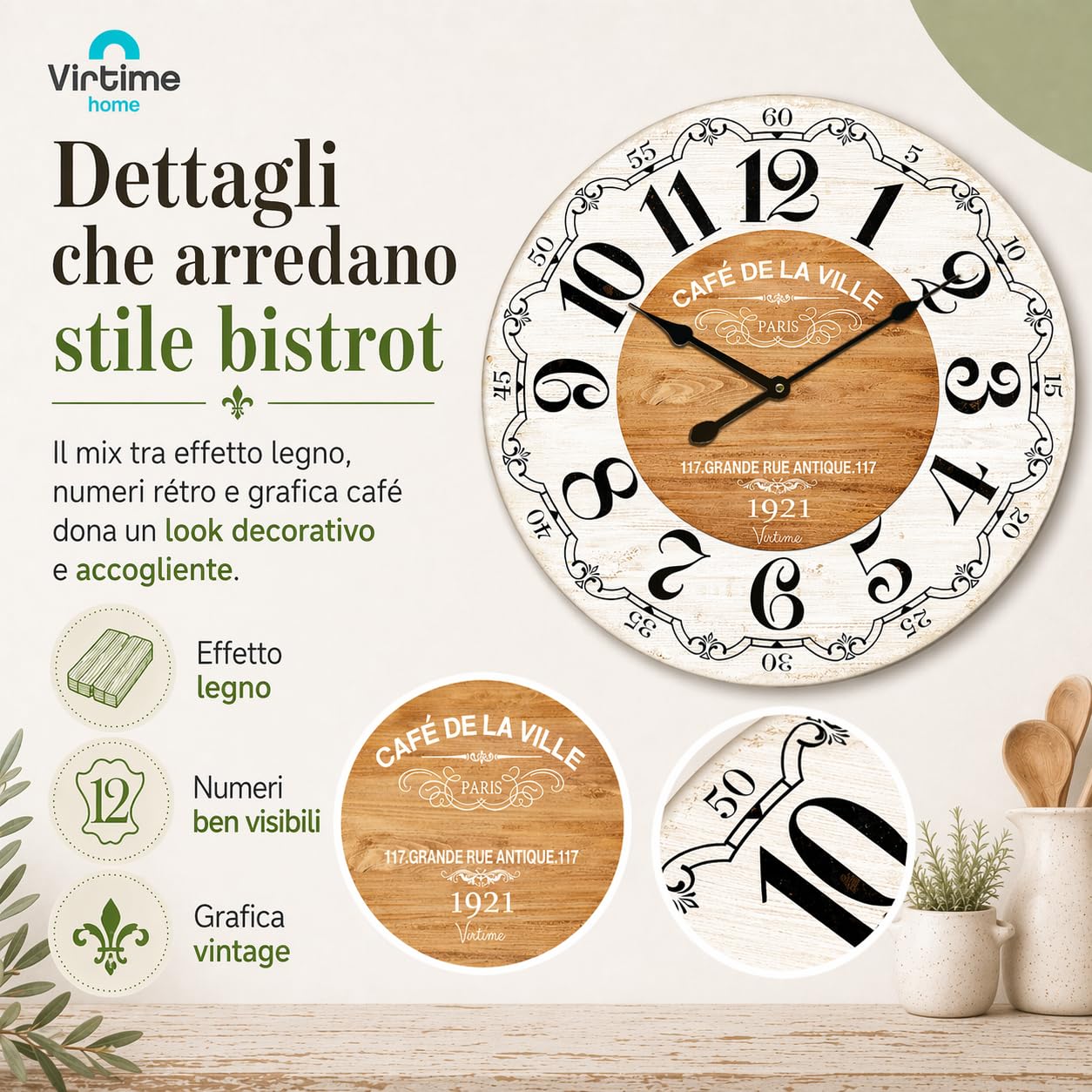 Orologio da parete grande 58 cm effetto legno – Design shabby chic stile francese, numeri grandi ben visibili, movimento silenzioso al quarzo, decorazione casa soggiorno cucina ufficio (Bianco)
