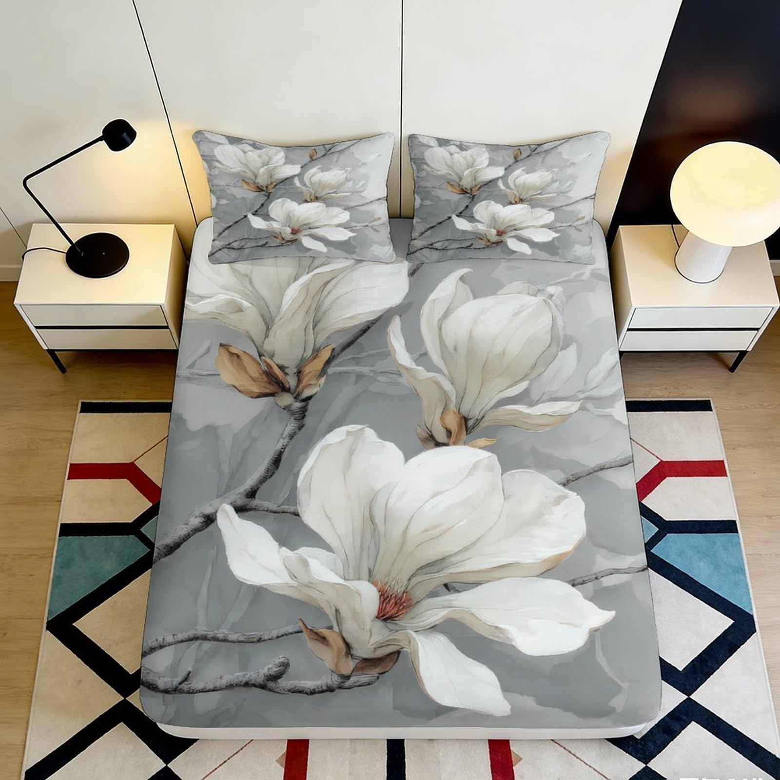3D Printed Magnolia Floral Fitted Sheet Microfiber Non-slip Grey Mattress Cover Washable Bedroom Decor 140x200x25cm