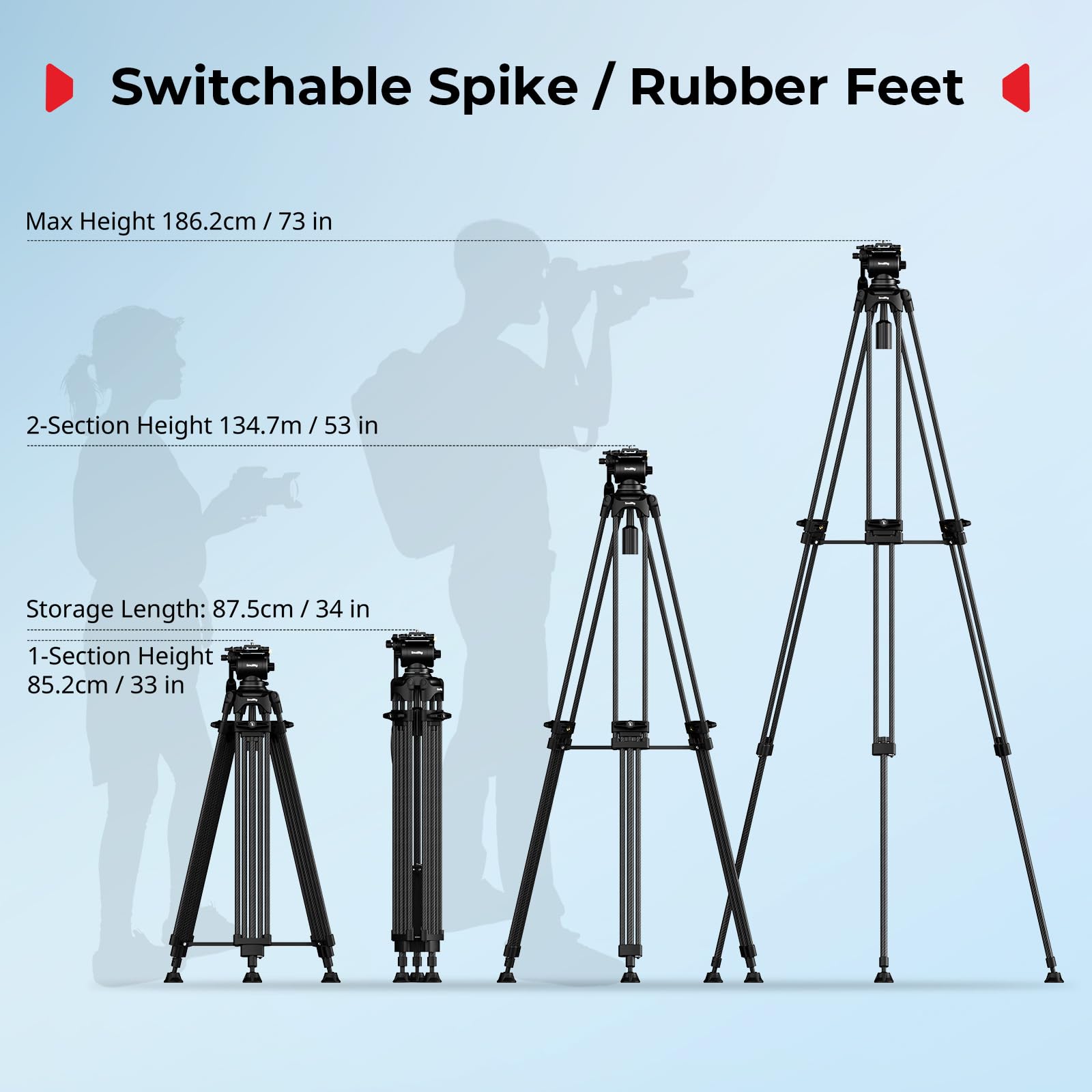 SMALLRIG Treppiede Video FreeSpeed ​​in Fibra di Carbonio per Impieghi Gravosi, Treppiede per Fotocamera da 75" con Testa Fluida per Piastra Manfrotto, Estensione Rapida, Portata Fino a 10 kg, 5443
