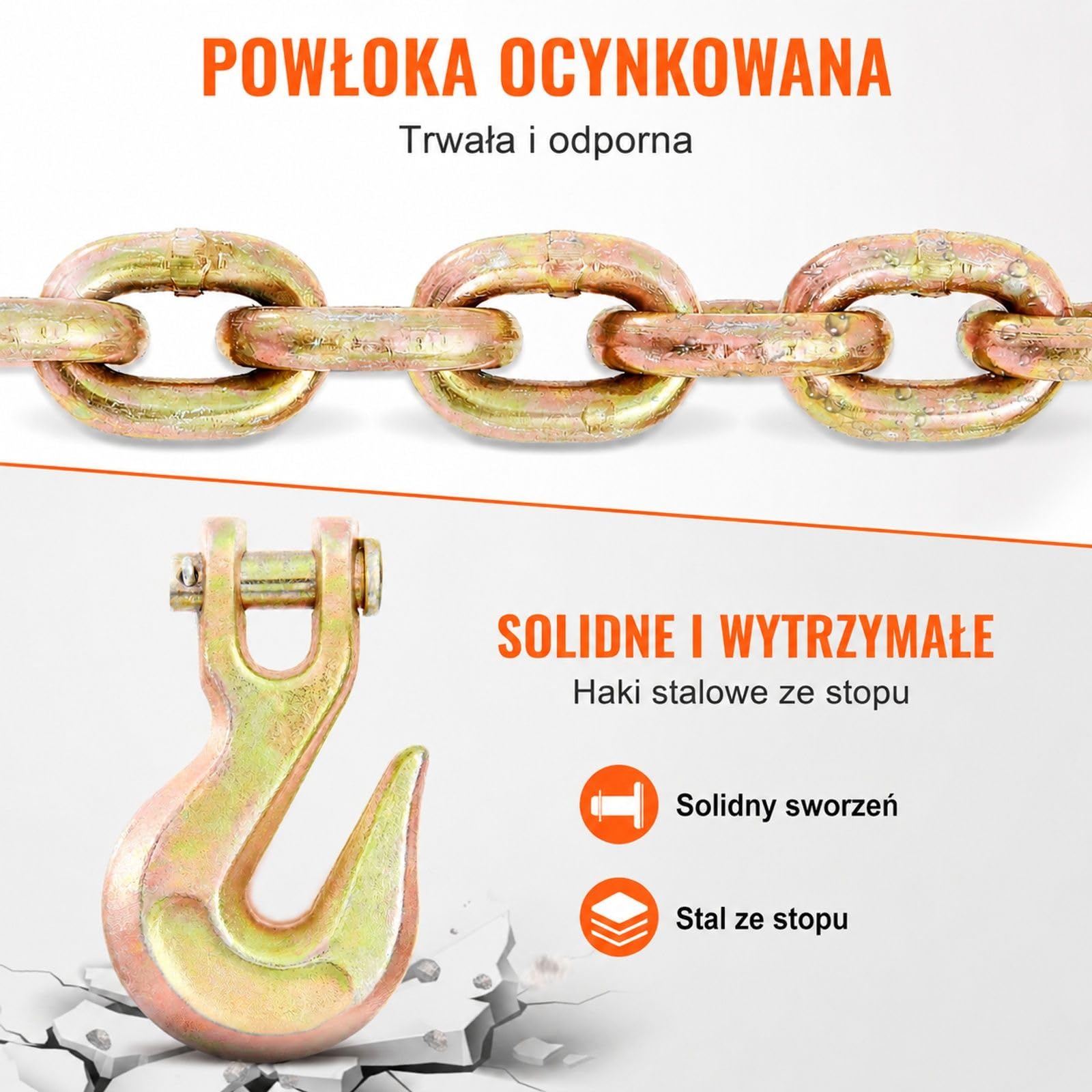 Łańcuch transportowy z hakami chwytającymi, stal manganowa, ocynkowana i malowana powierzchnia, do załadunku, holowania, wiązania oraz leśnictwa