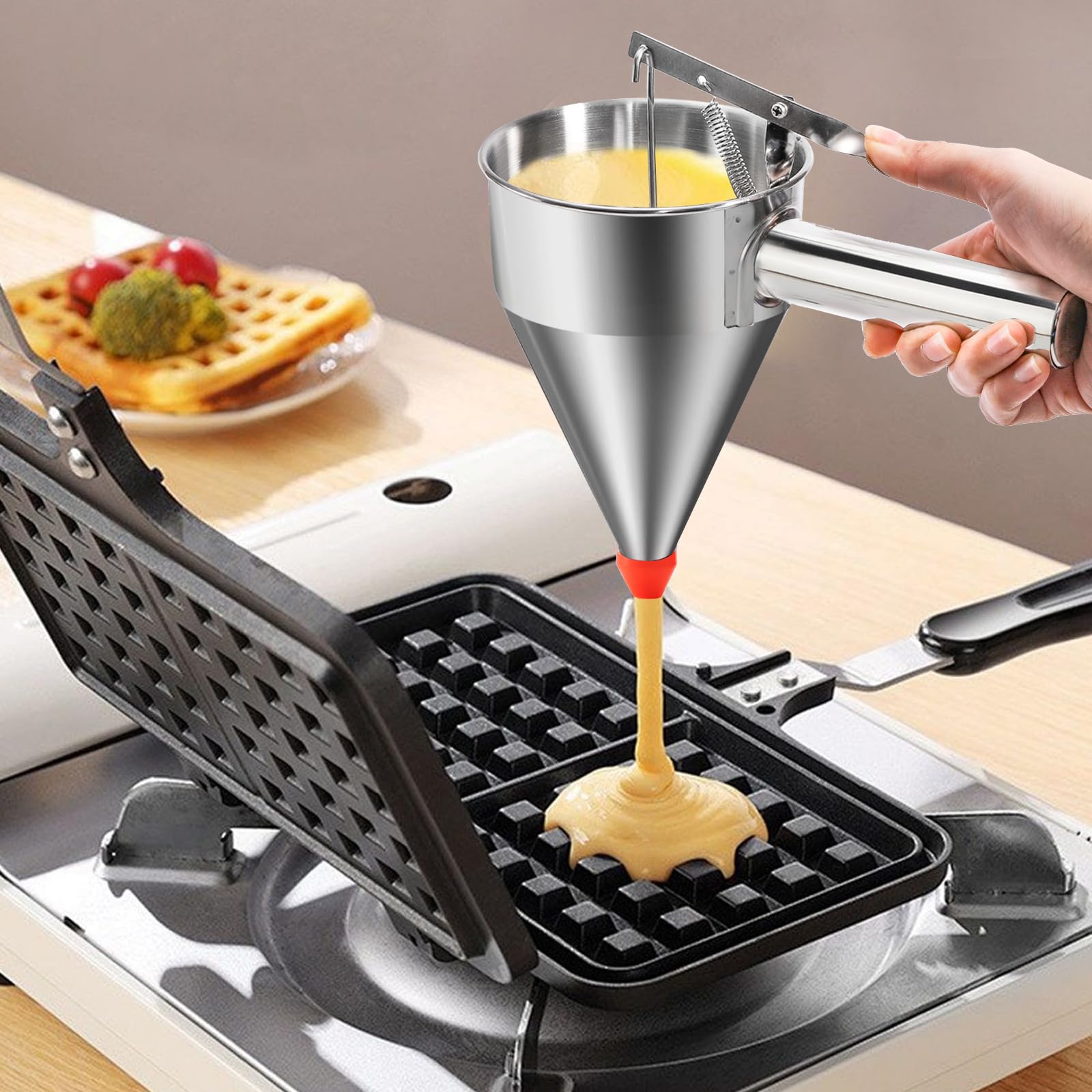 WRINGKIT Dispensador de masa de panqueques de acero inoxidable de 20 onzas, dispensador de pasteles con mango de soporte, vertedor de panqueques de calibre múltiple para cupcakes, donas, gofres o