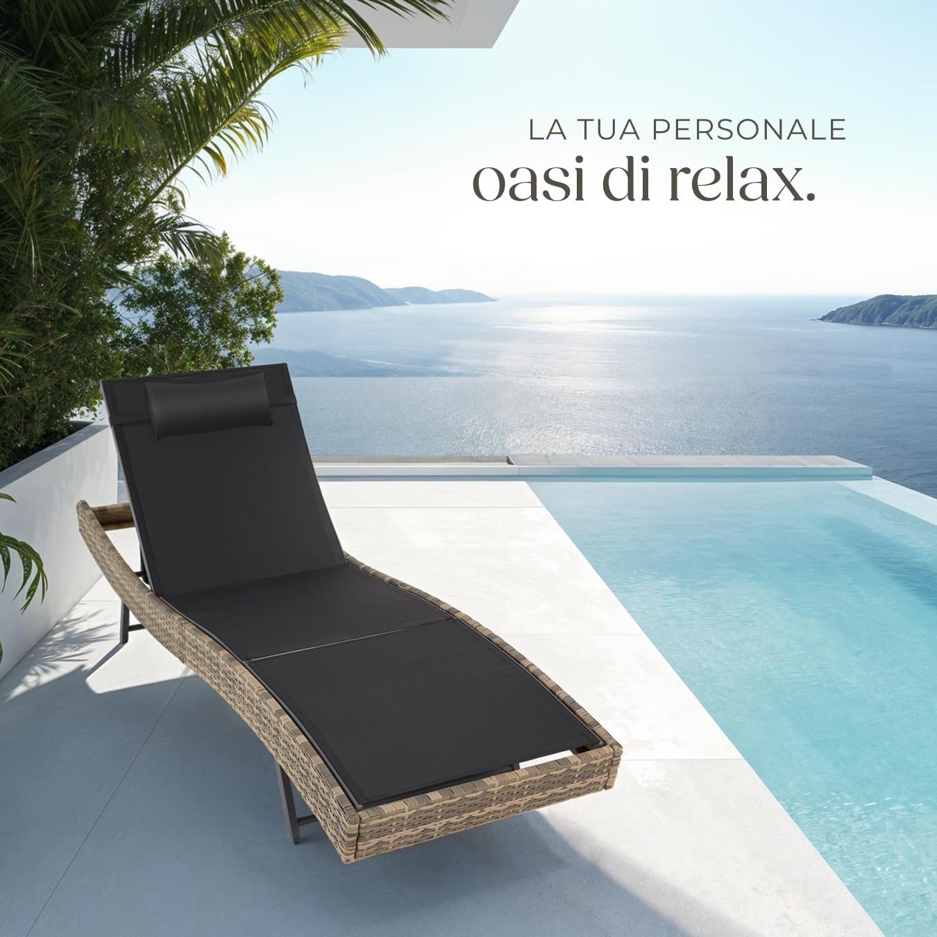 tectake® Sdraio in Rattan, Sdraio da Esterno Regolabile in 6 Posizioni, Traspirante, Telaio in Acciaio, Antiscivolo e Antigraffio, Cuscino Poggiatesta Incluso - Naturale