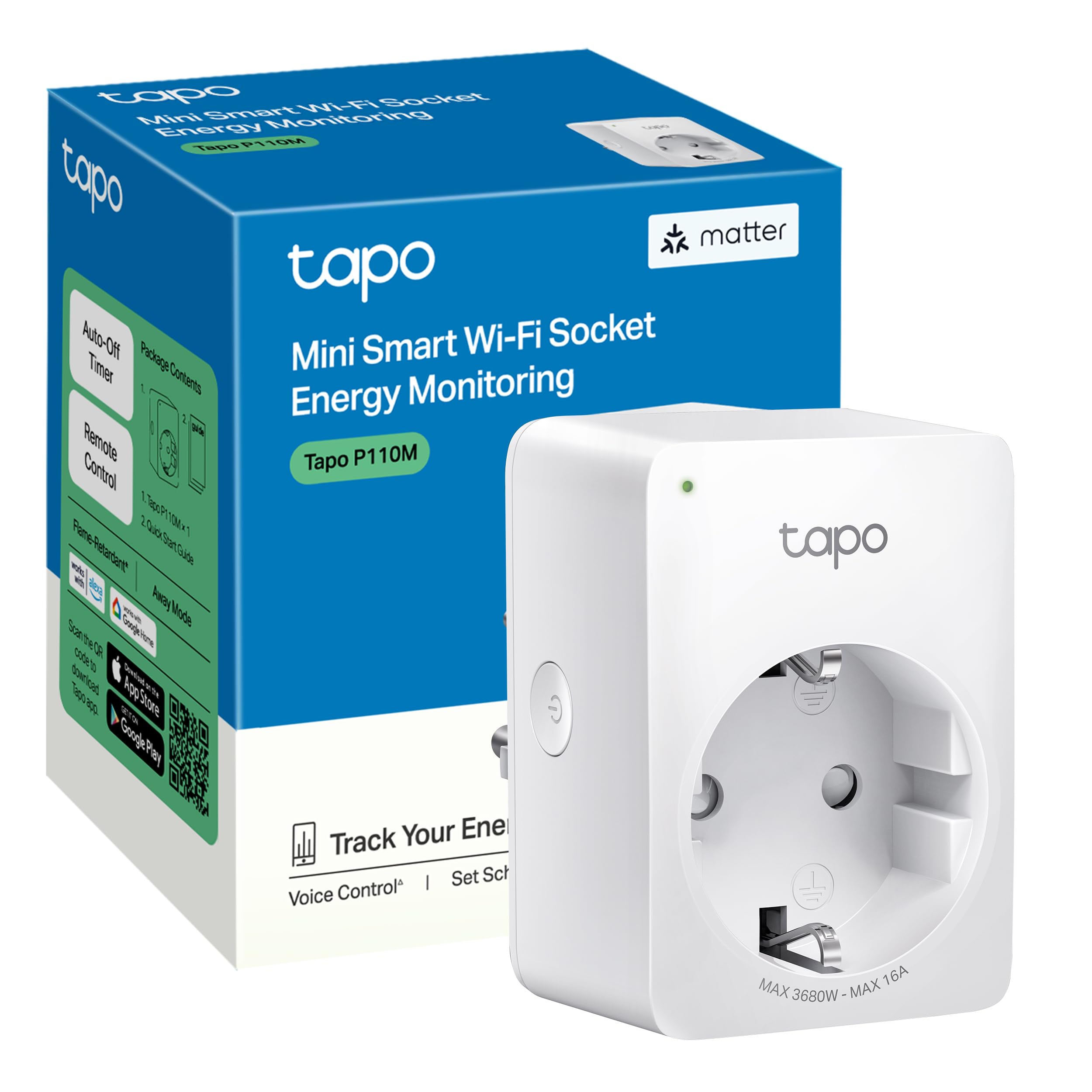 Tapo P110M – Mini enchufe inteligente Wi-Fi (con monitoreo de energía), programación encendido/apagado, ahorro de energía, compatible con Alexa y Google Home