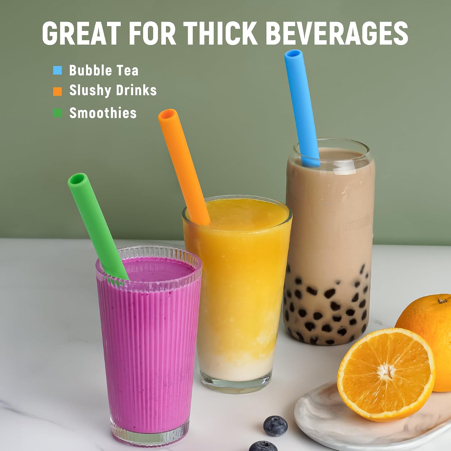NiHome 8PCS Extra Wide Straight Silicone Straws for Boba, Smoothie, Rainbow