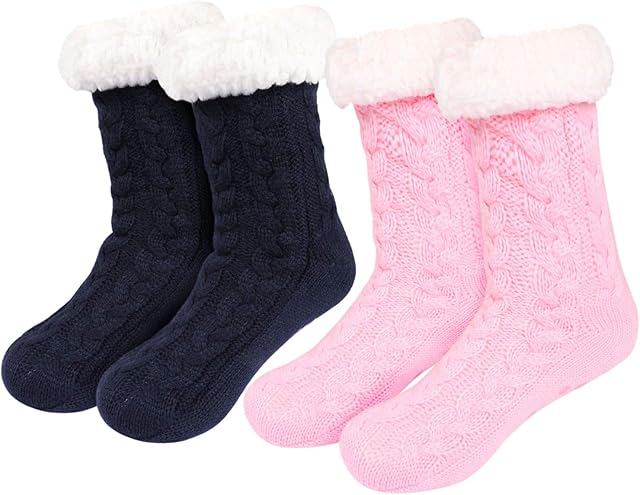 Tacobear 2 Pairs Women Slipper Socks Warm Fluffy Socks Super Soft Fuzzy Socks Winter Knit Socks Fleece Lined Home Socks for Mens and Ladies