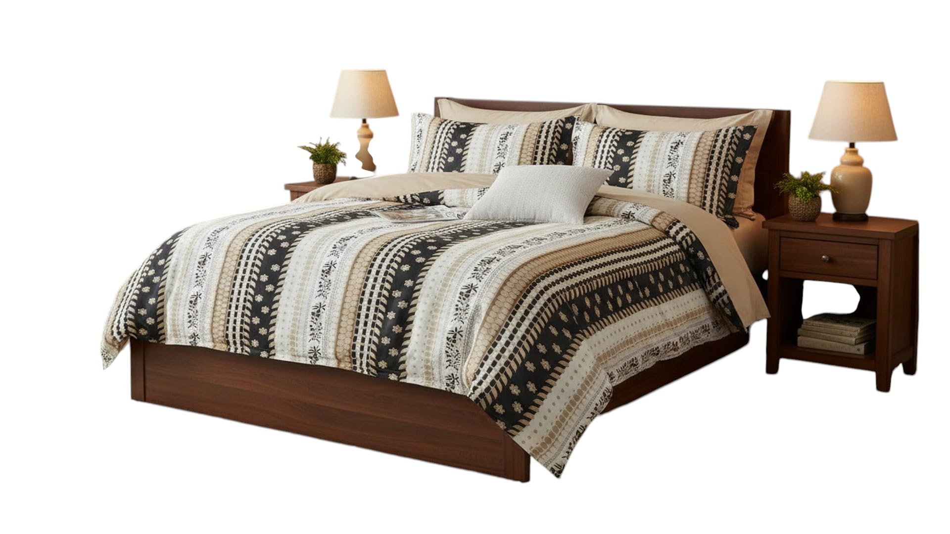 Boho Stripe Comforter Set, Black & Beige Floral Print Bedding | Multi-Piece Set, Pillow Shams Included, Neutral Tones, Bedroom Decor, Stripe Pattern-image-22