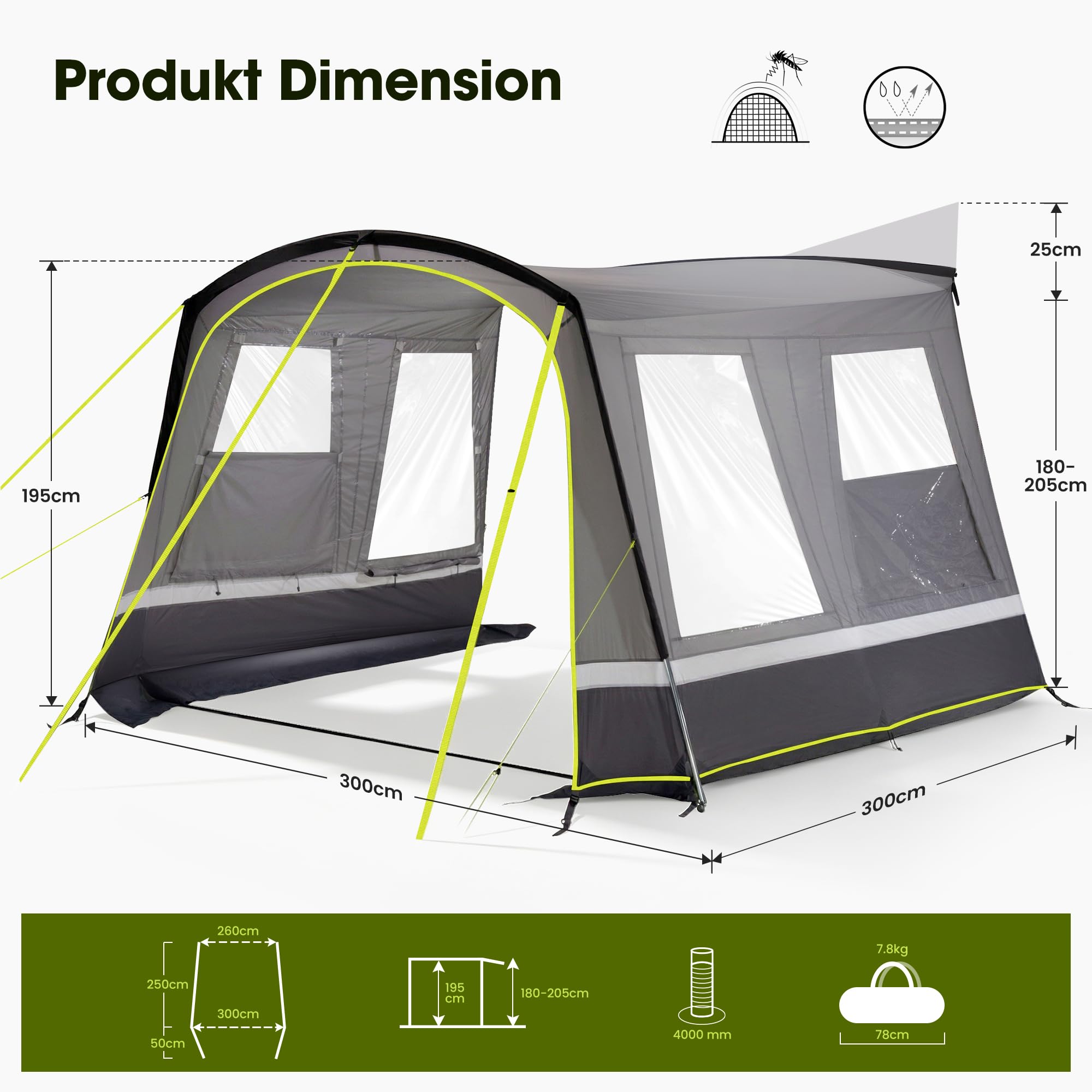 High Peak Busvorzelt Auto freistehend, Heckzelt Autozelt mit Kederanschluss, höhenverstellbarer Anschluss, Vorzelt für SUV, Van, Bus, Wohnmobil, Campervan, Wohnwagen, Camping Reise Outdoor
