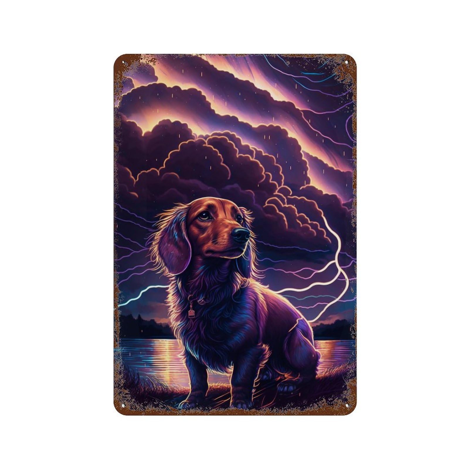 Neon Night Sky Dog Art Print Rust Effect Tin Sign 11.8"x7.9", Farmhouse Wall Decor for Living Room, Hallway And Home Decor