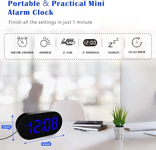 Miniatura 5 de Plumeet Reloj despertador digital LED con atenuador de brillo ajustable y volumen de alarma, pantalla de dígitos azules de 12 a 24 horas, relojes
