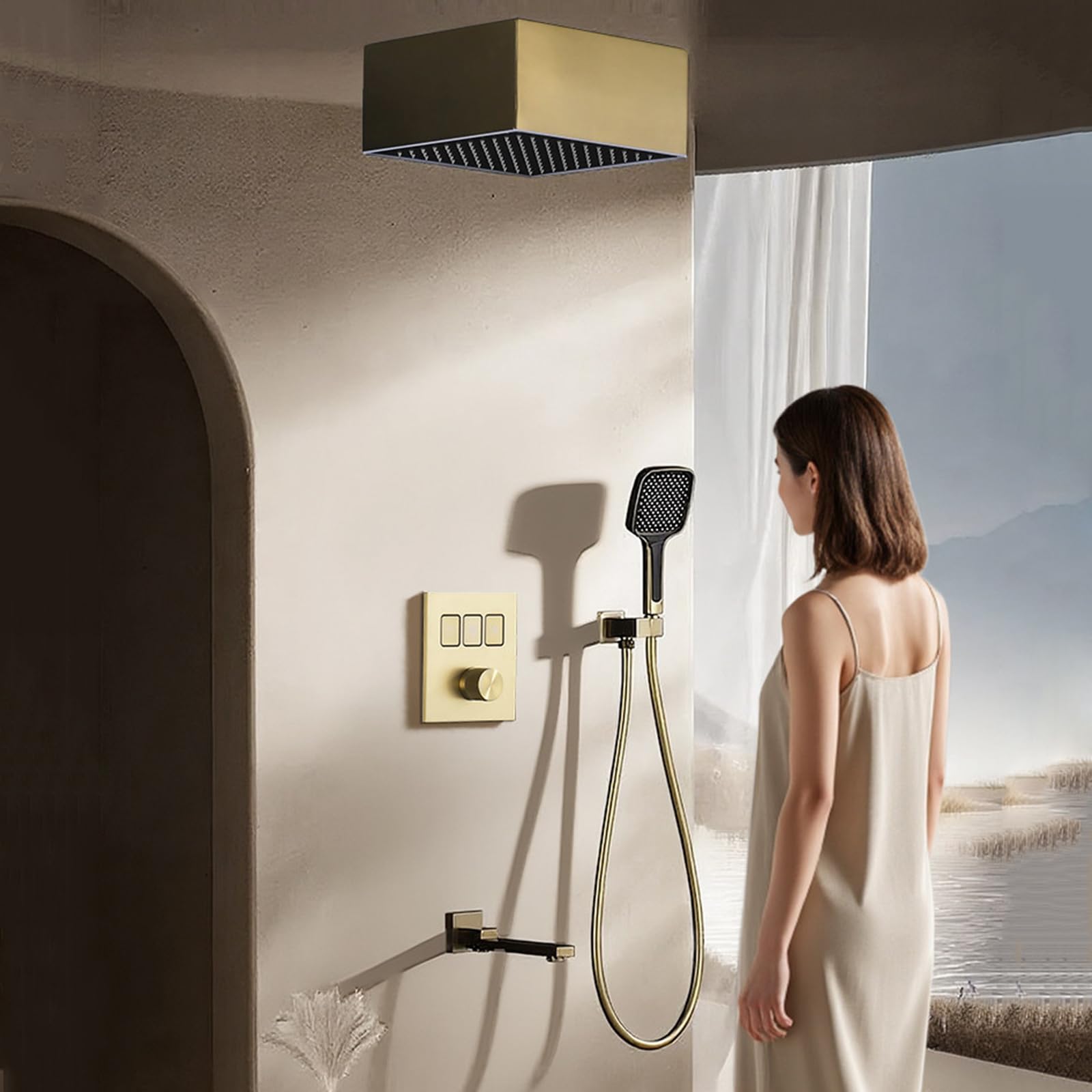 XJTNLB Miscelatore Doccia Incasso con Tasti, Soffione Doccia Led e Doccetta 3 Modalità,Nero